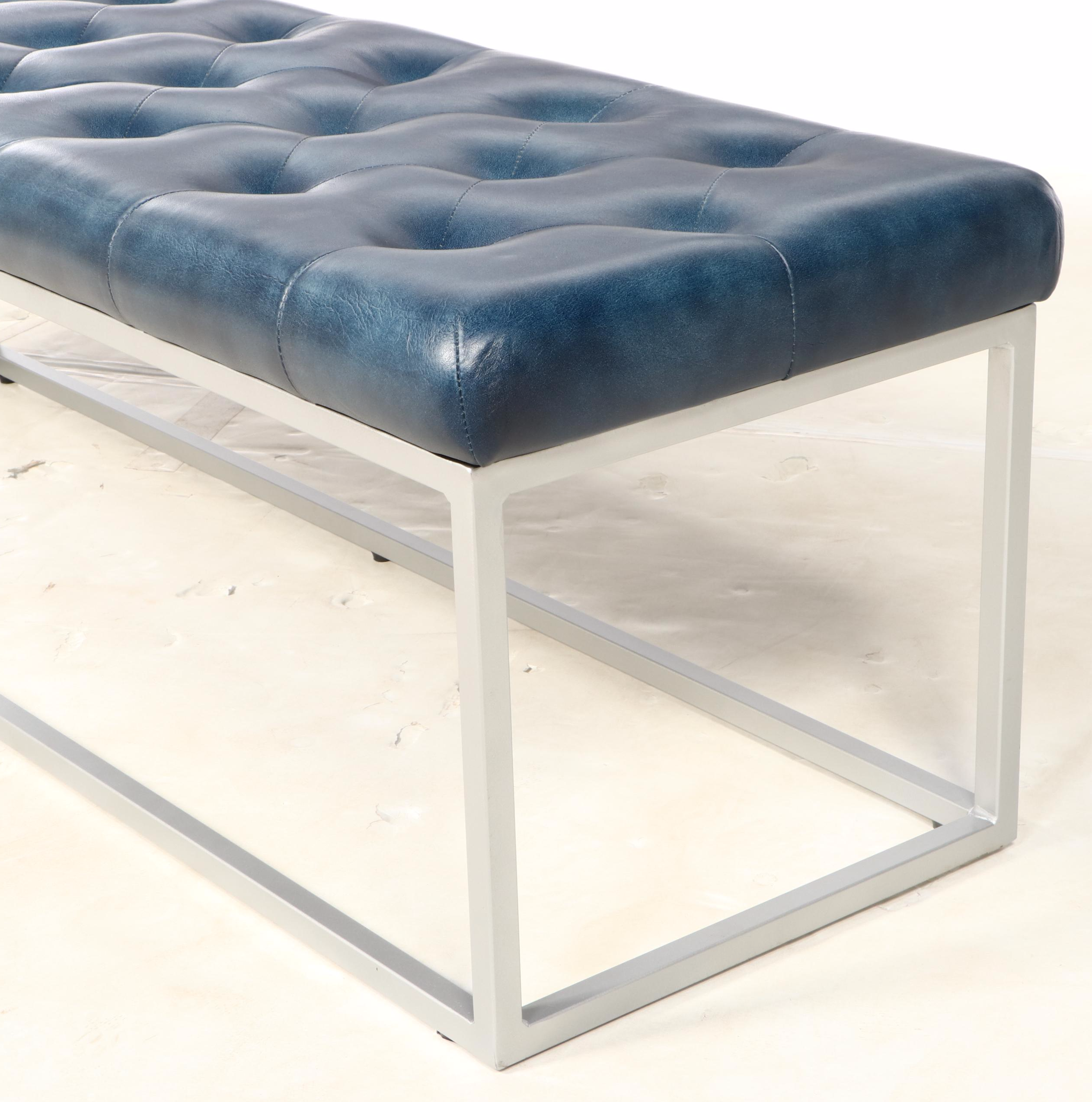 Blue Ocean Traders "Bergen" Modernist Style Tufted Leather and Metal Bench