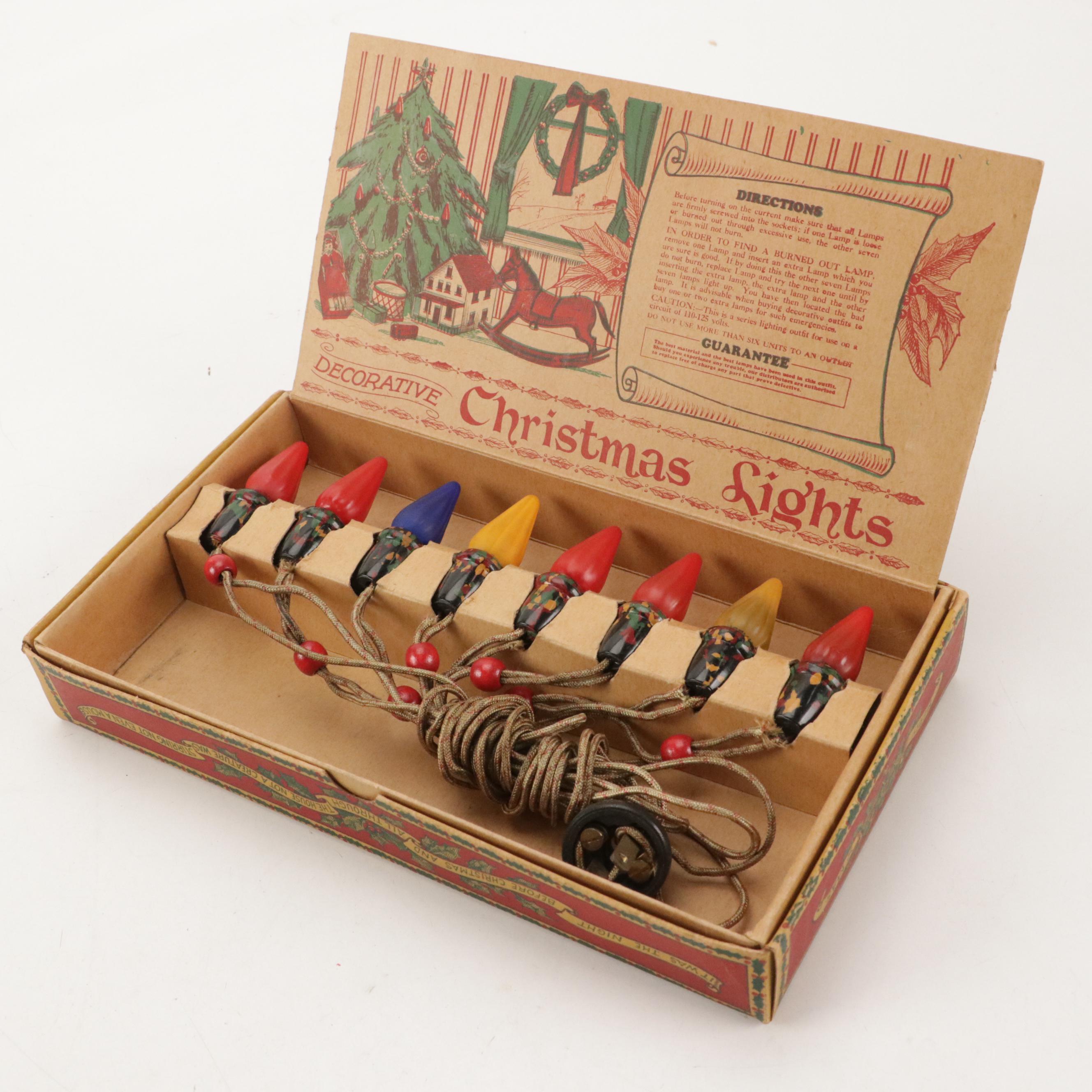 Mold Blown Glass Christmas Ornaments with String Lights, and More, Mid-20th C.