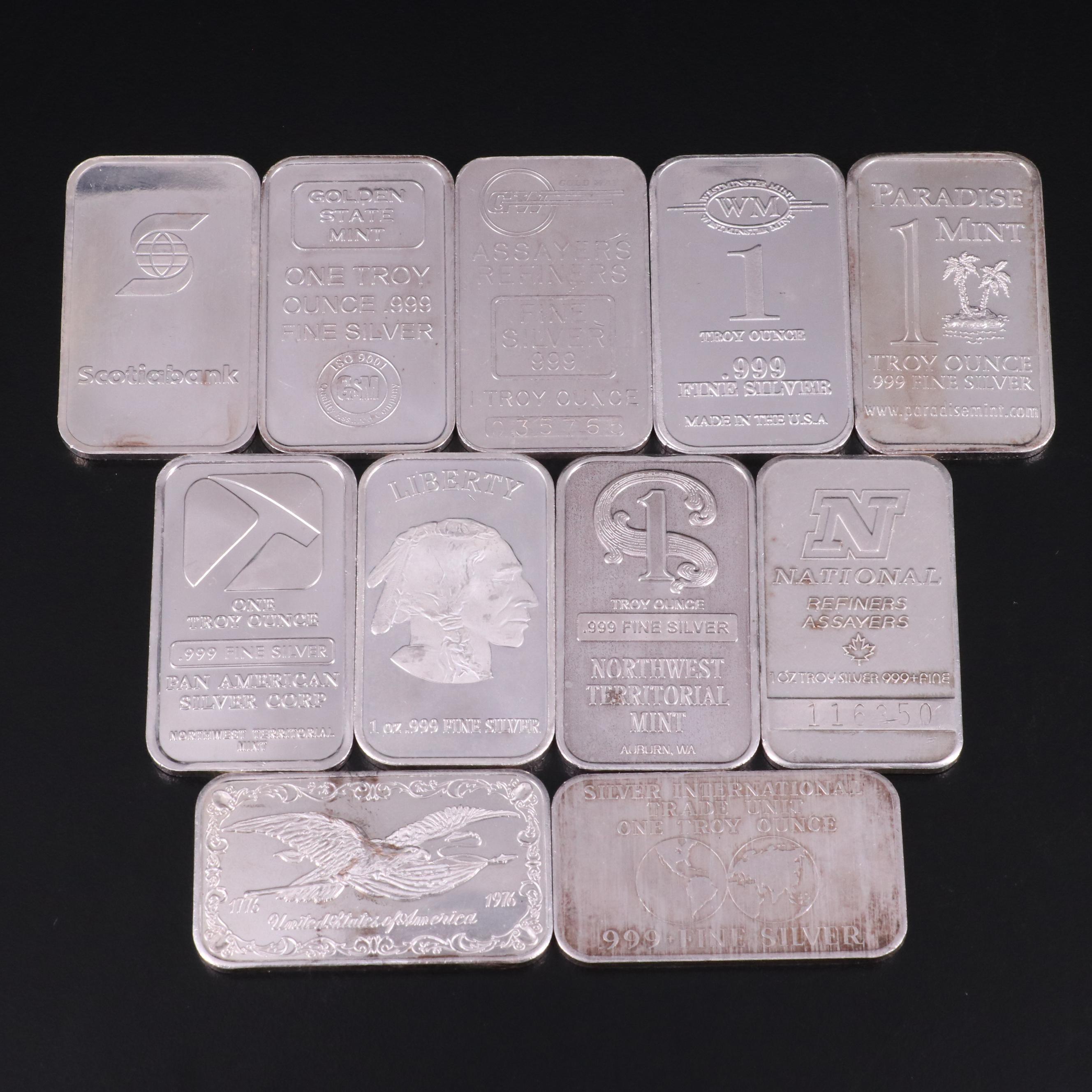 Group of Eleven Sssorted  Silver One Ounce .999 Silver Bars