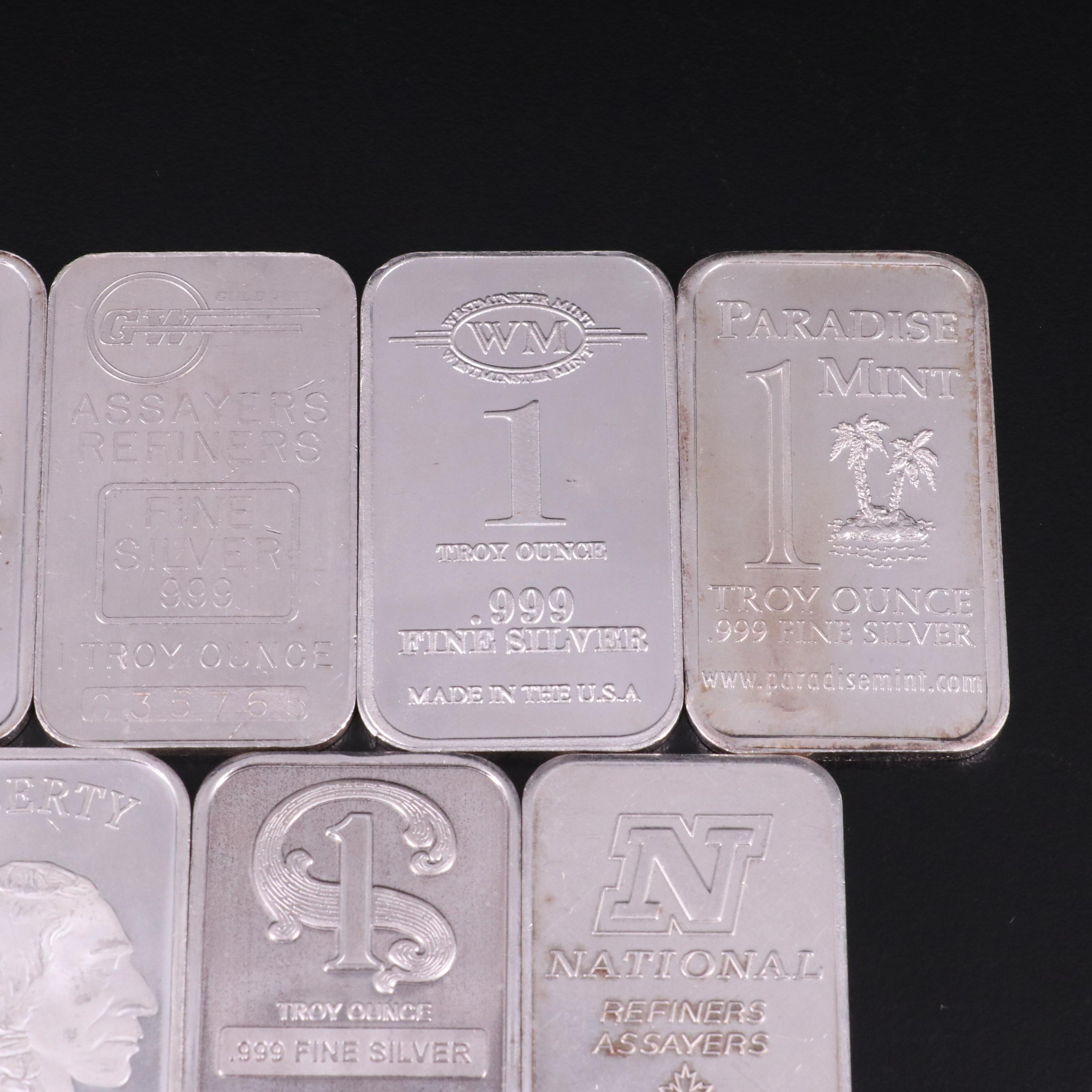 Group of Eleven Sssorted  Silver One Ounce .999 Silver Bars