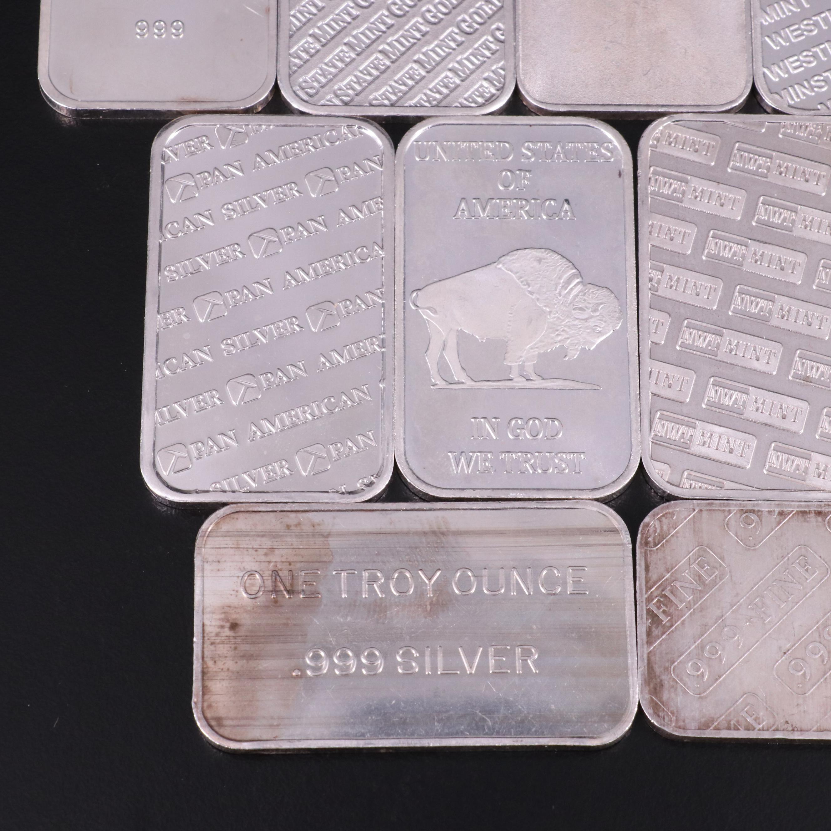Group of Eleven Sssorted  Silver One Ounce .999 Silver Bars