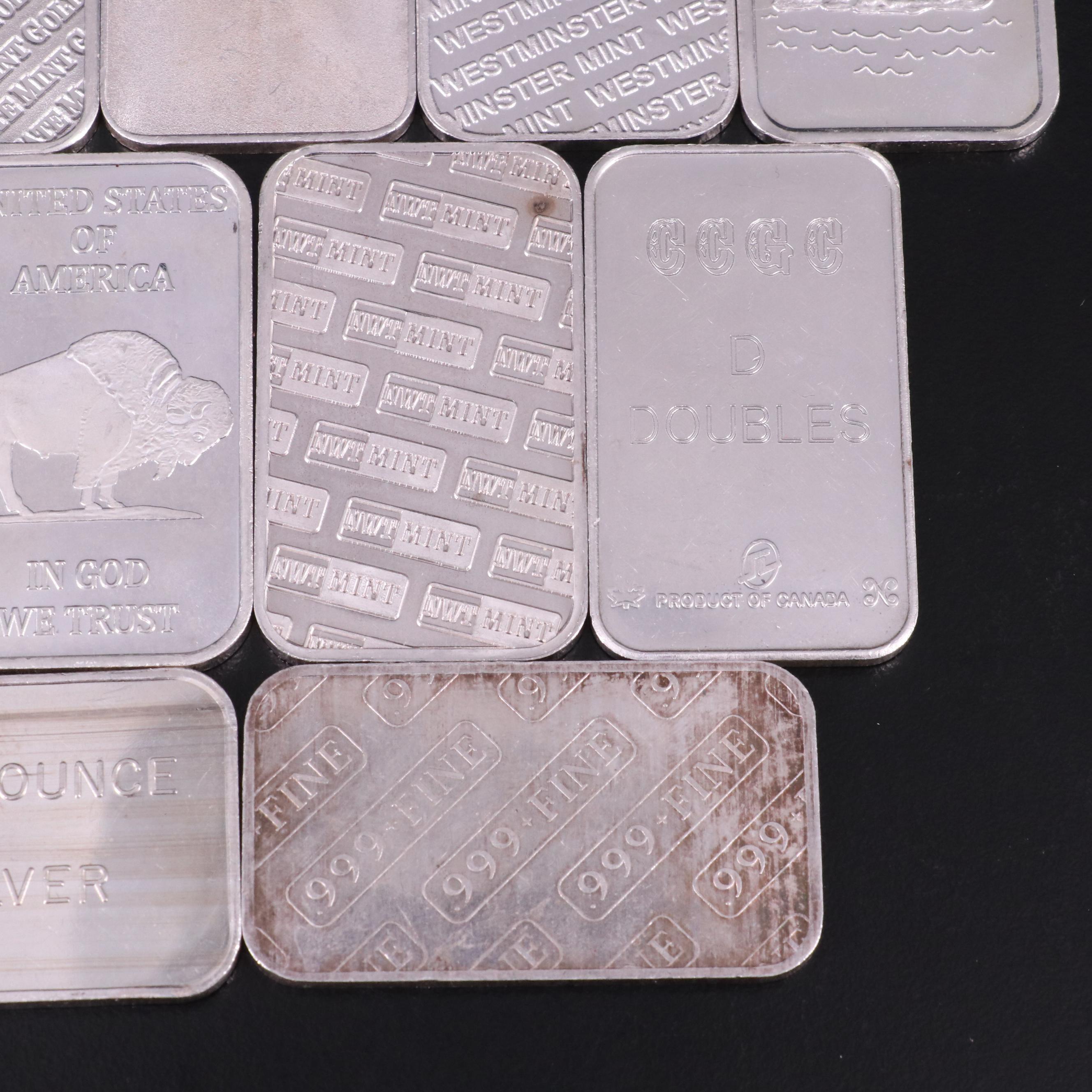 Group of Eleven Sssorted  Silver One Ounce .999 Silver Bars