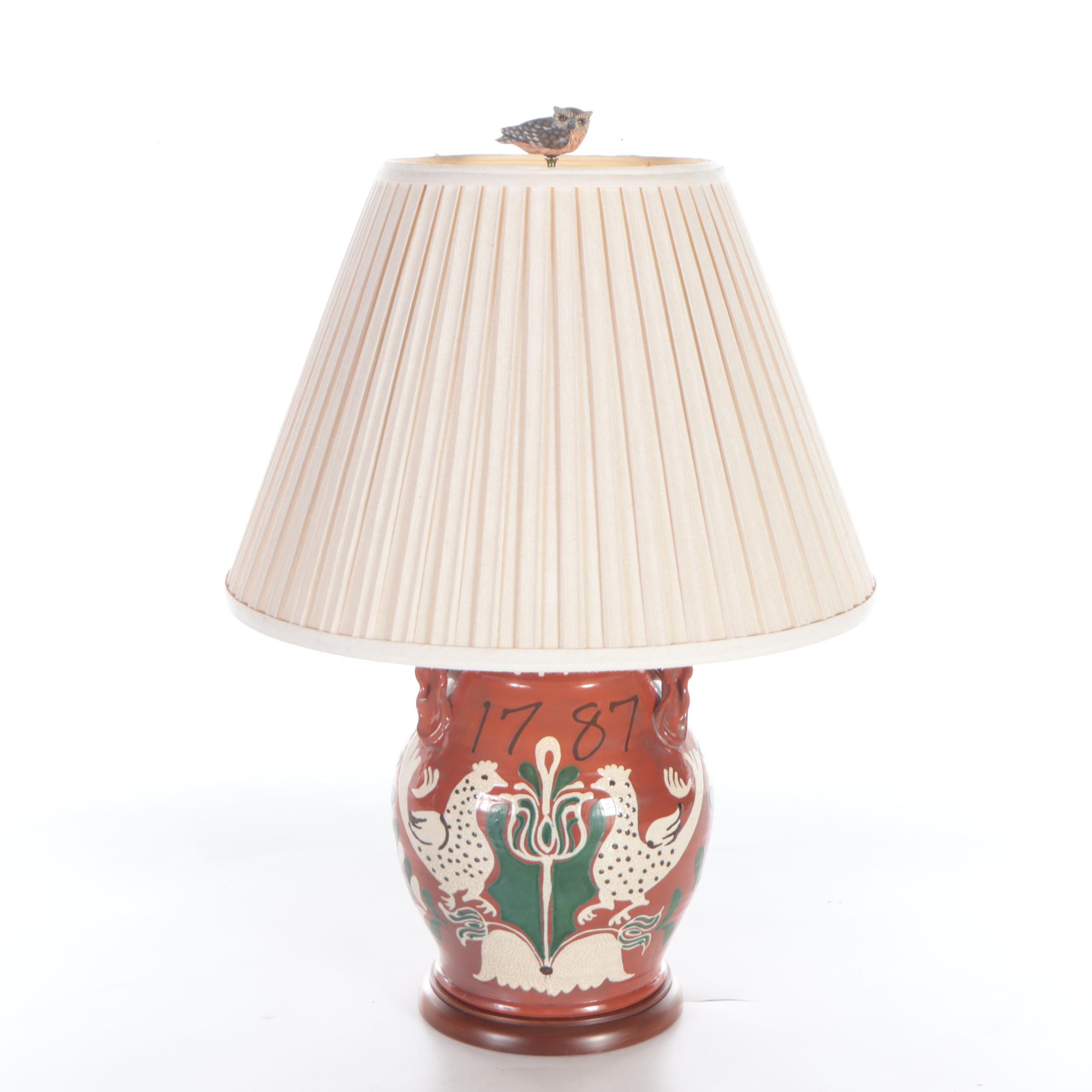 American Folk Art Redware Pottery Table Lamp, Mid to late 20th Century