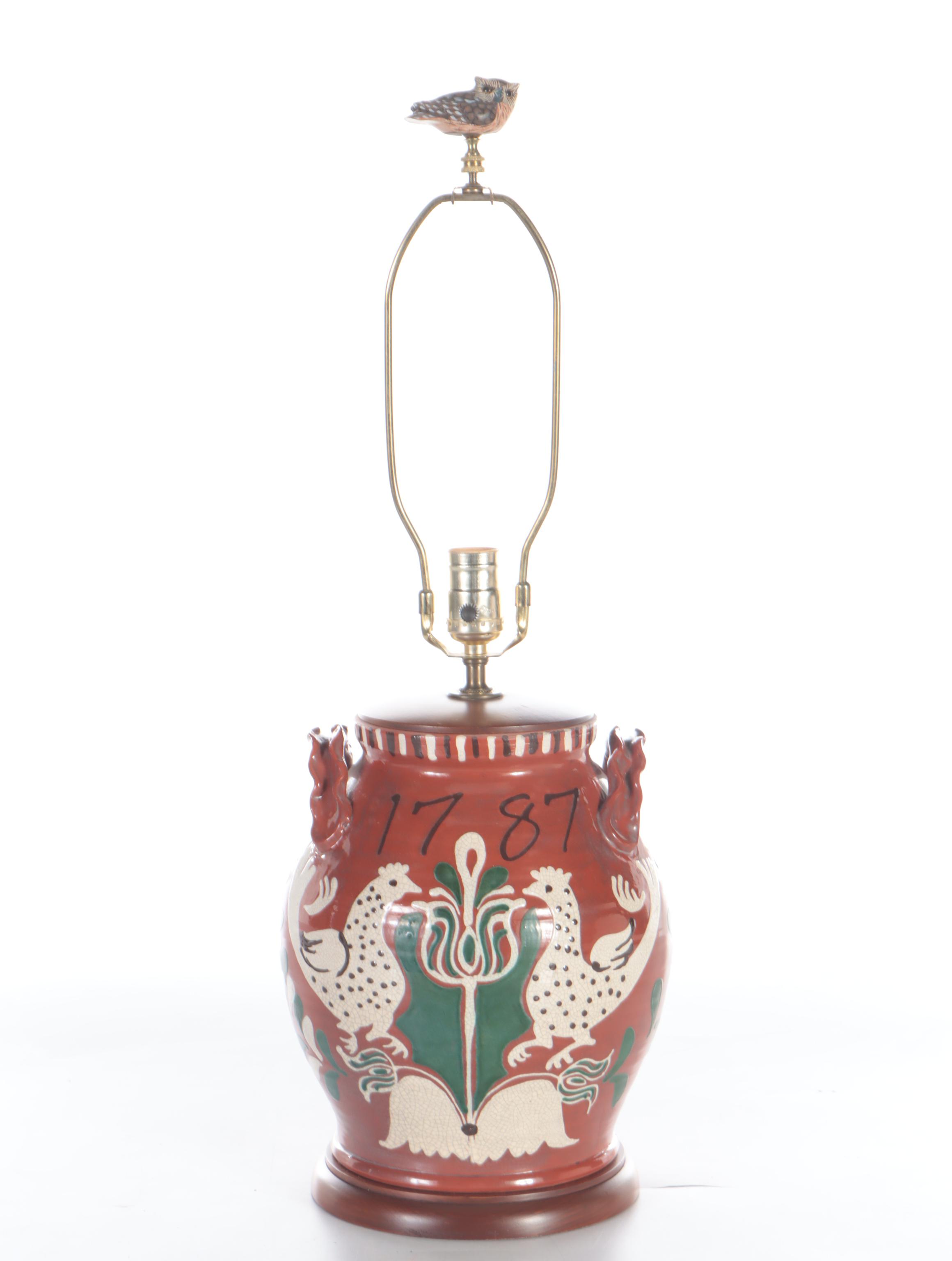 American Folk Art Redware Pottery Table Lamp, Mid to late 20th Century