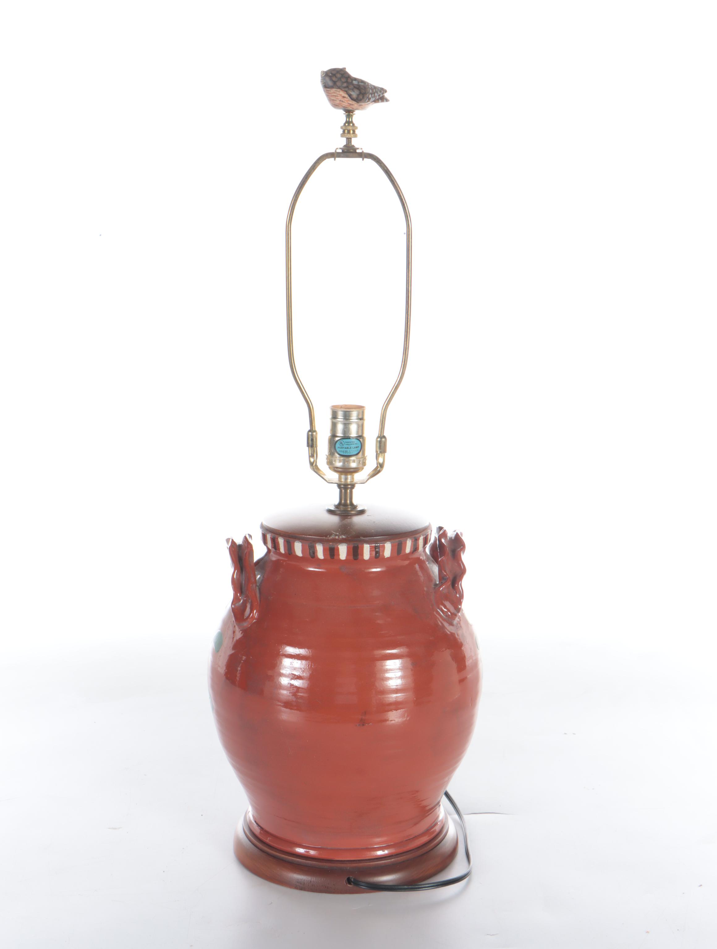 American Folk Art Redware Pottery Table Lamp, Mid to late 20th Century