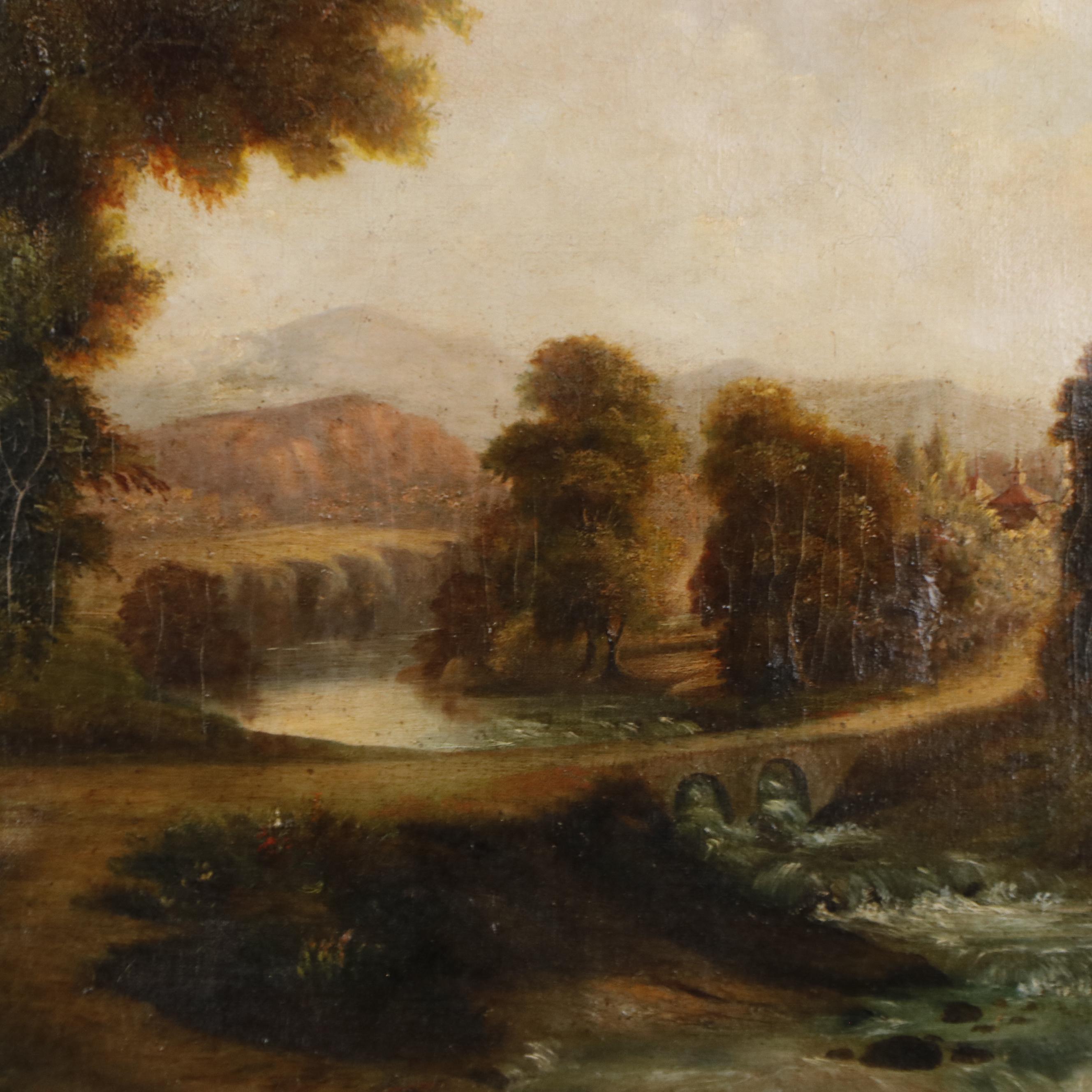 Hudson River School Oil Painting of Landscape with Stream and Bridge