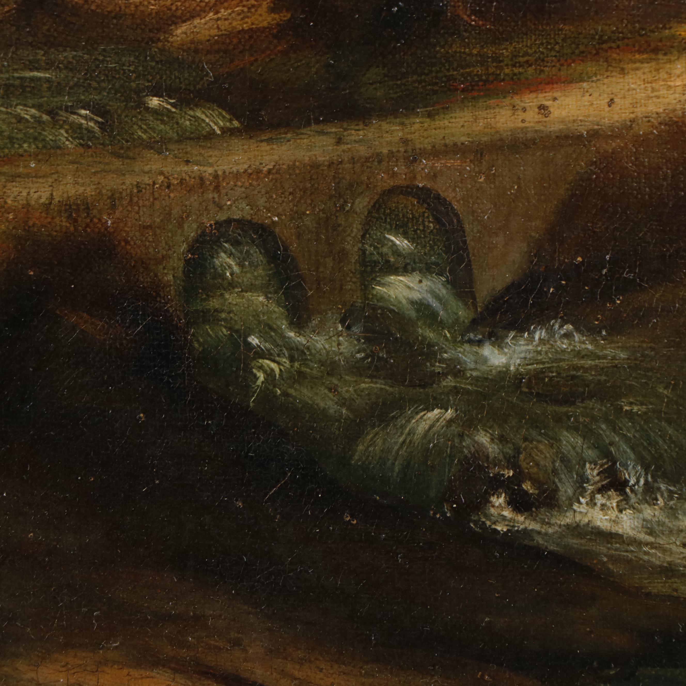 Hudson River School Oil Painting of Landscape with Stream and Bridge