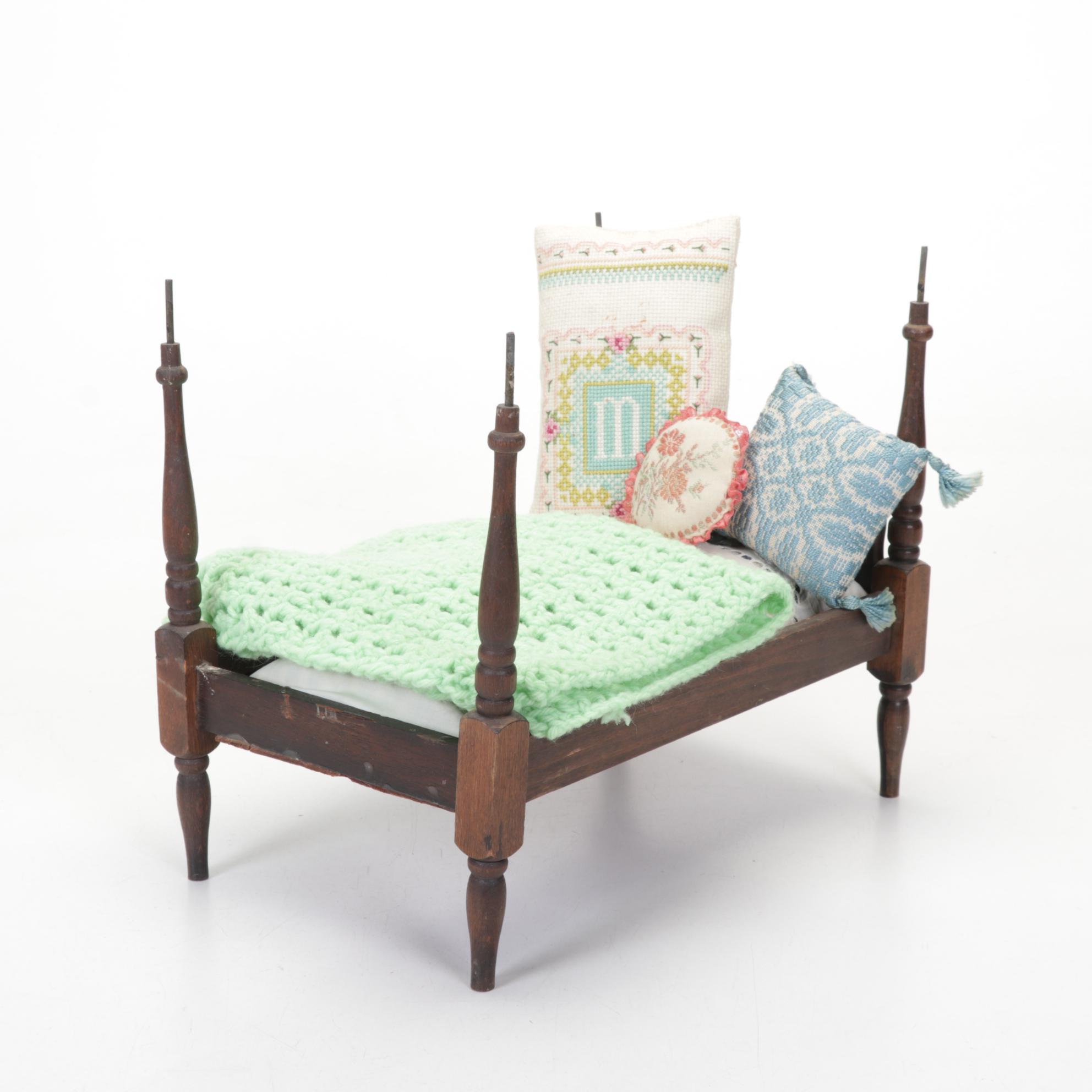 Victorian Wooden Doll Bed with Handmade Bedding