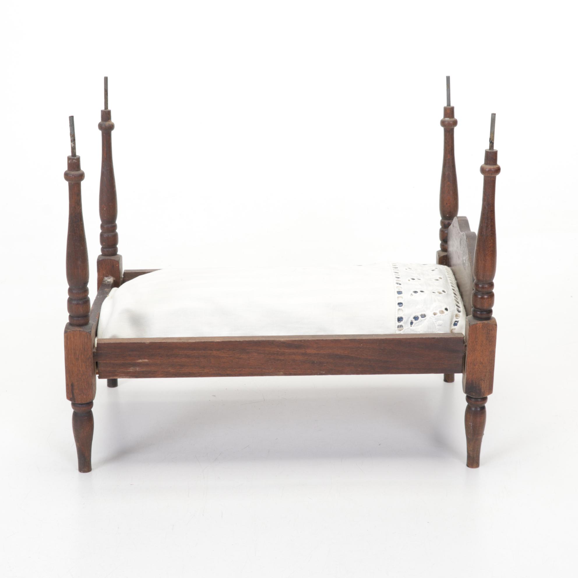 Victorian Wooden Doll Bed with Handmade Bedding
