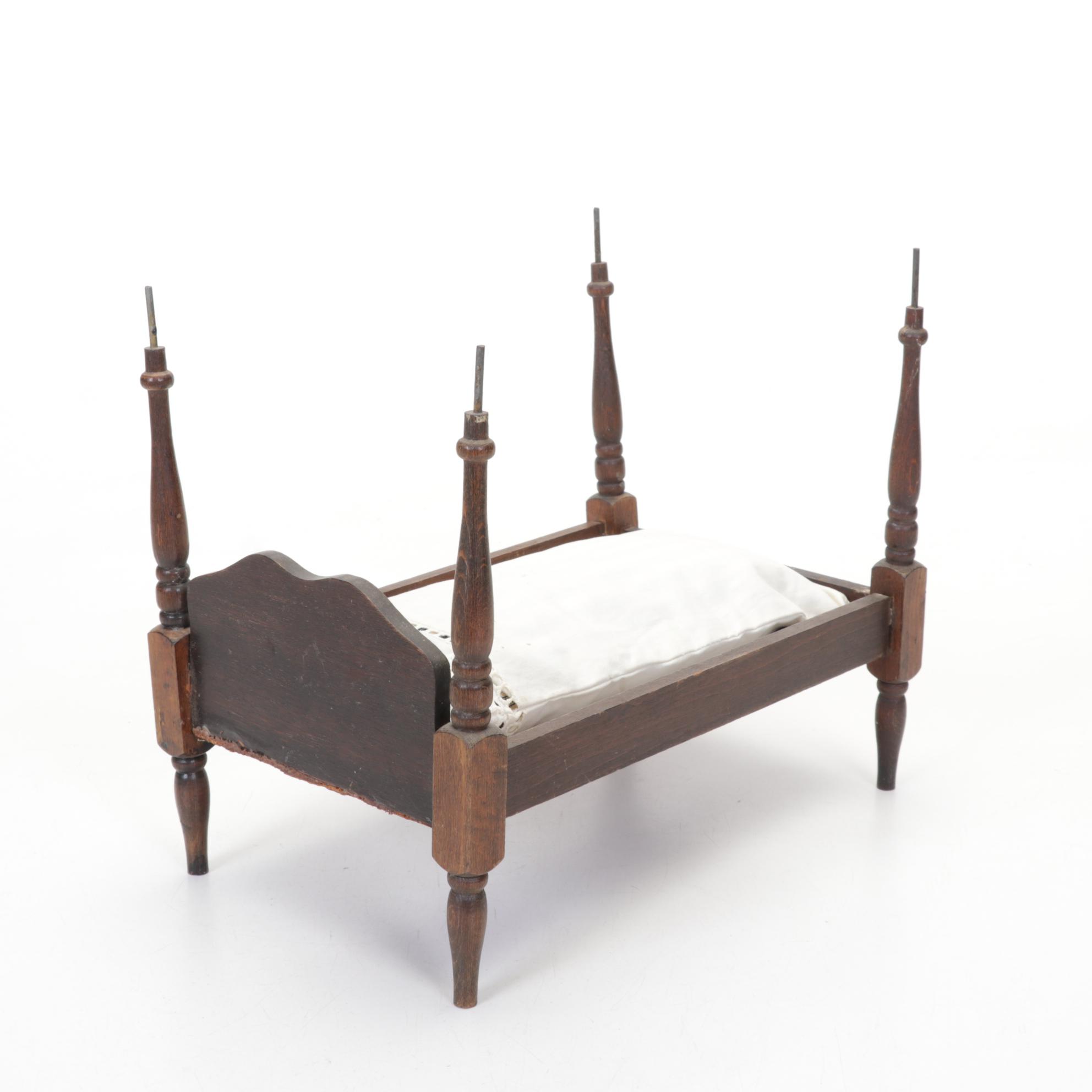 Victorian Wooden Doll Bed with Handmade Bedding