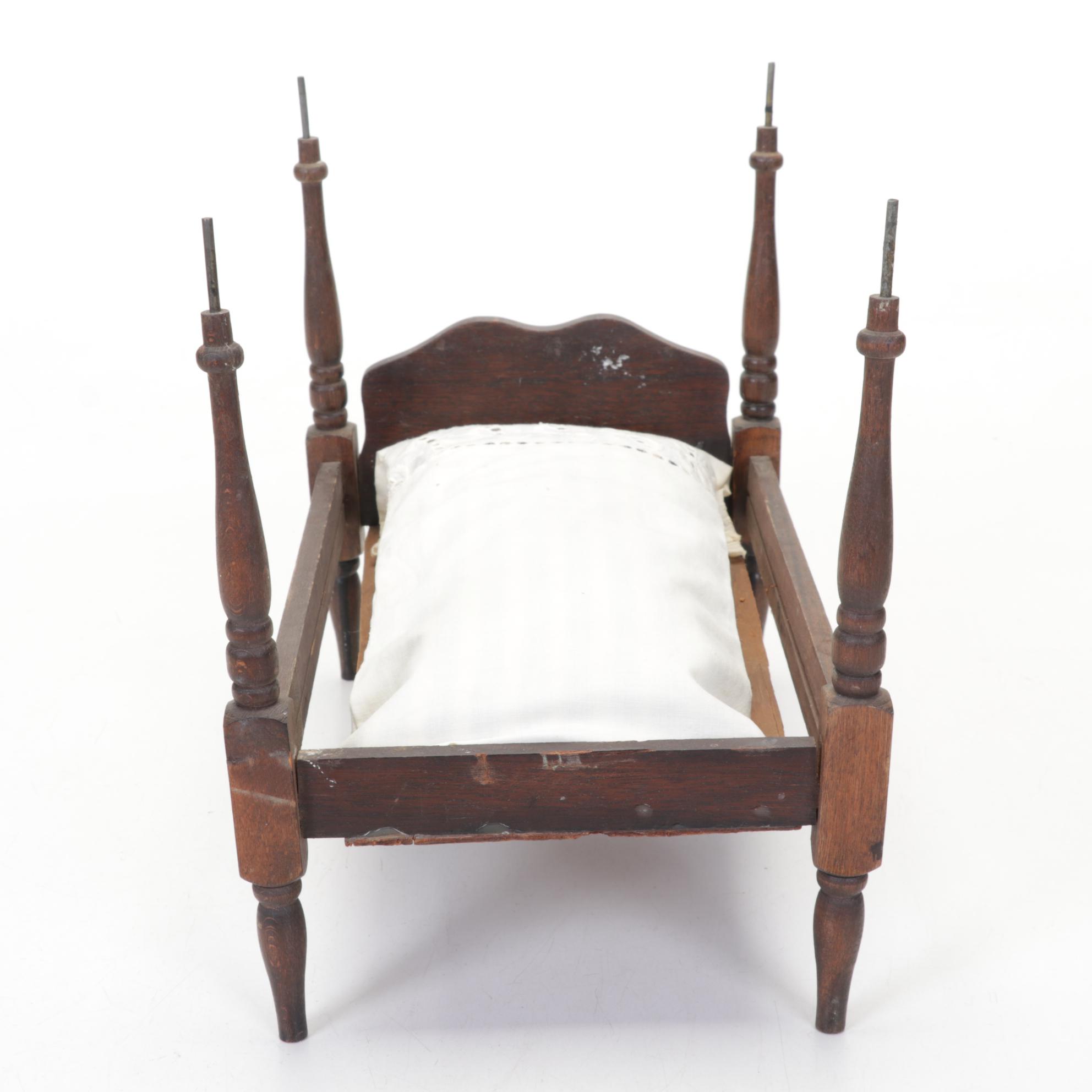 Victorian Wooden Doll Bed with Handmade Bedding