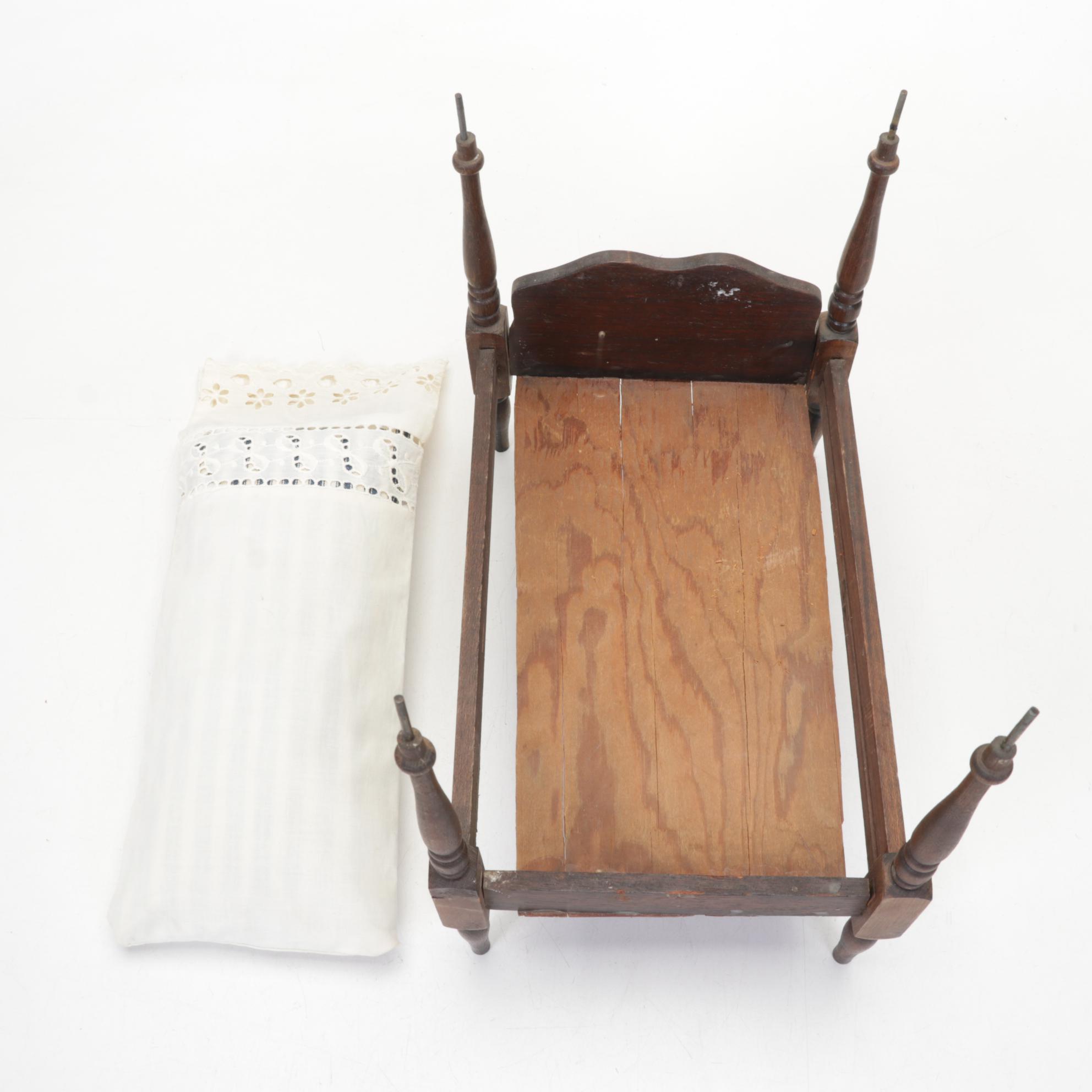 Victorian Wooden Doll Bed with Handmade Bedding