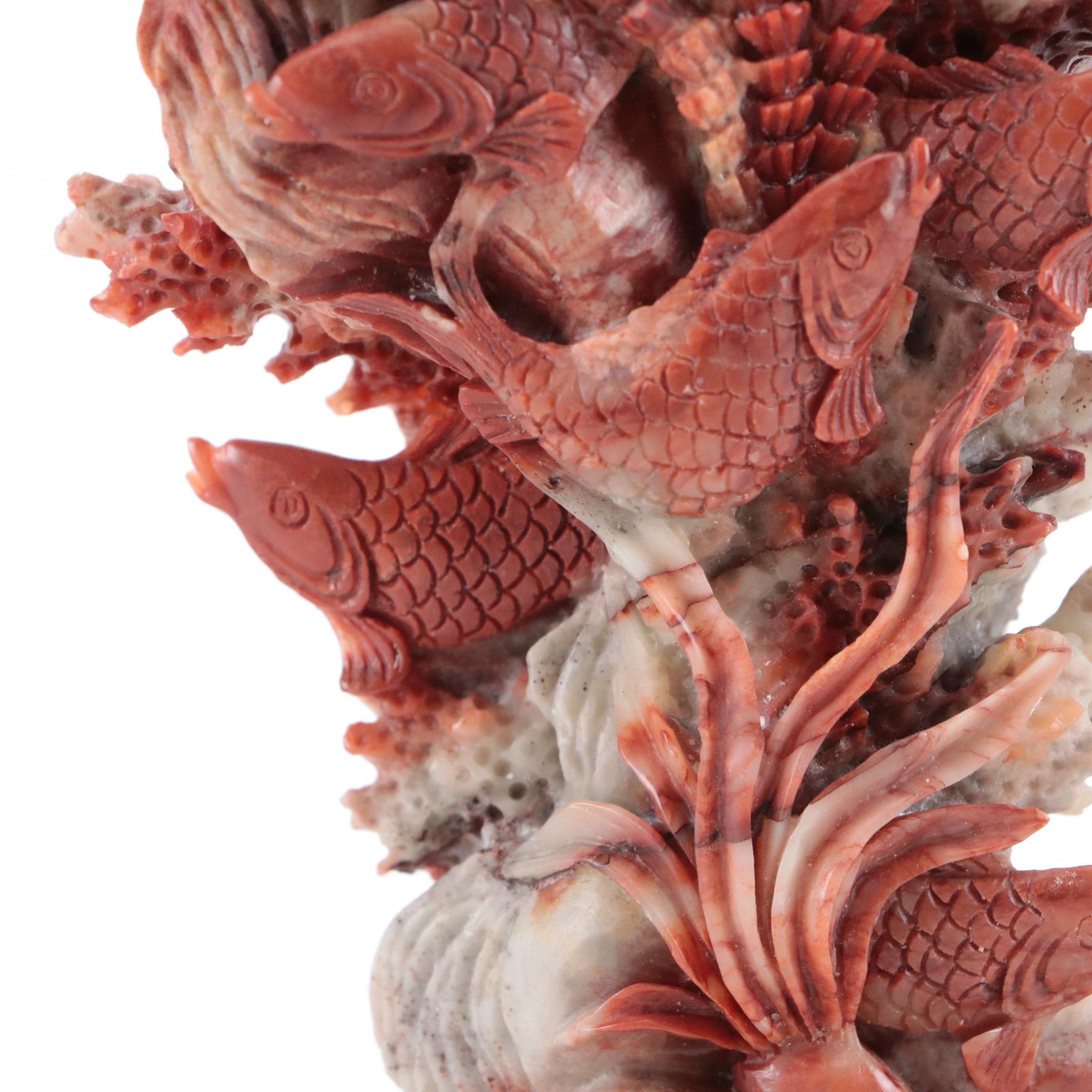 Chinese Red Soapstone Fish in Reef Carving