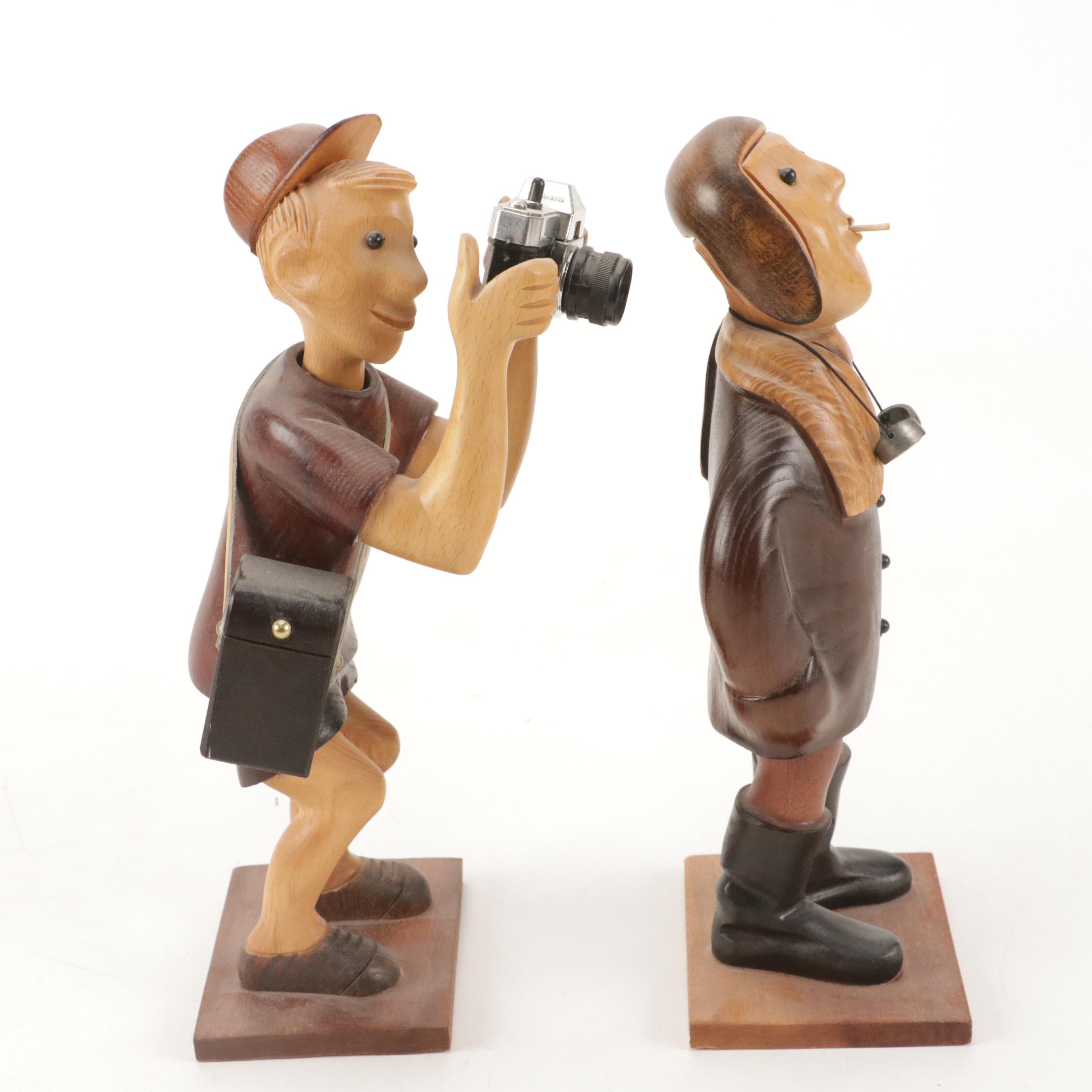 Italian Romer Style Folk Art Carved Wooden Aviator and Photographer Figurines