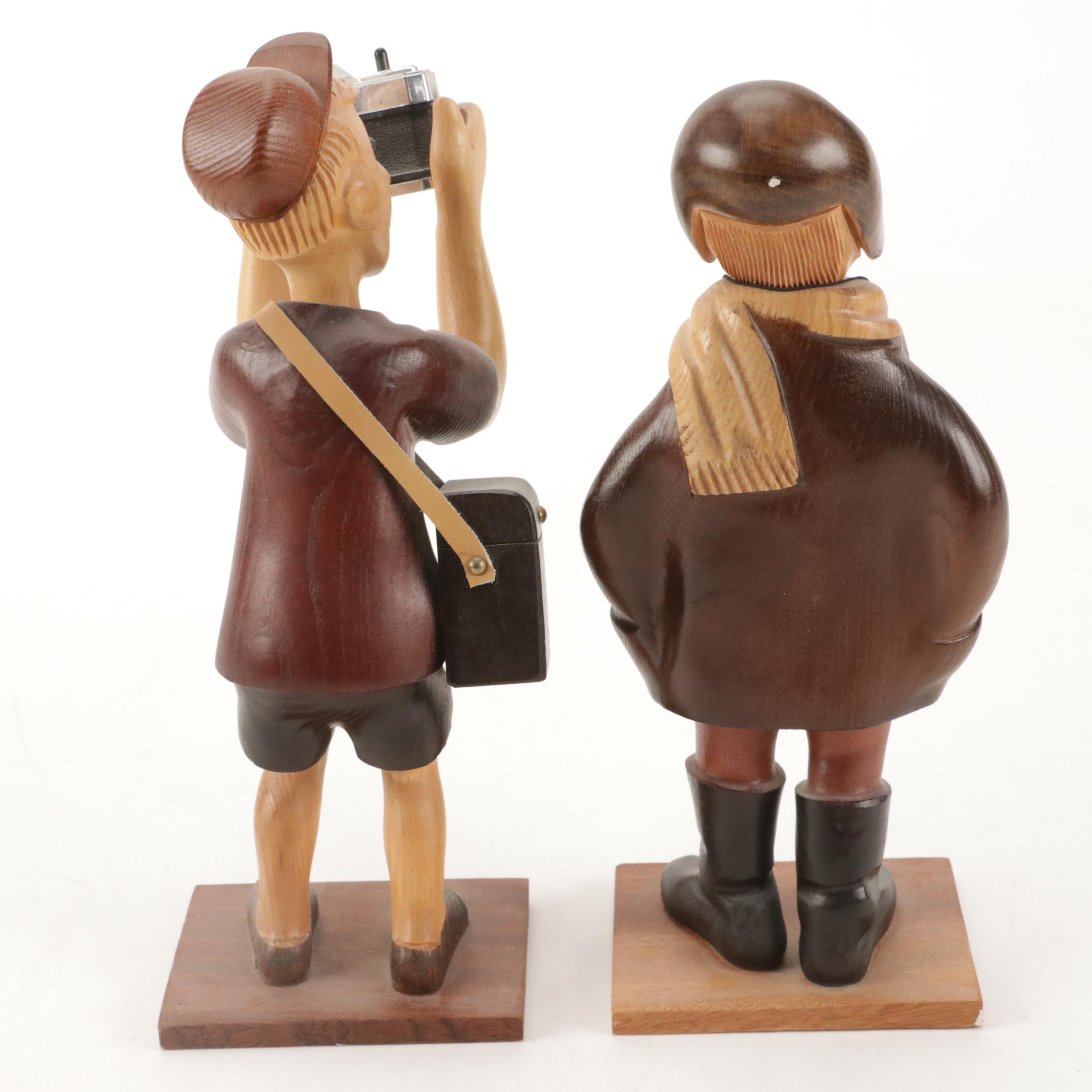 Italian Romer Style Folk Art Carved Wooden Aviator and Photographer Figurines