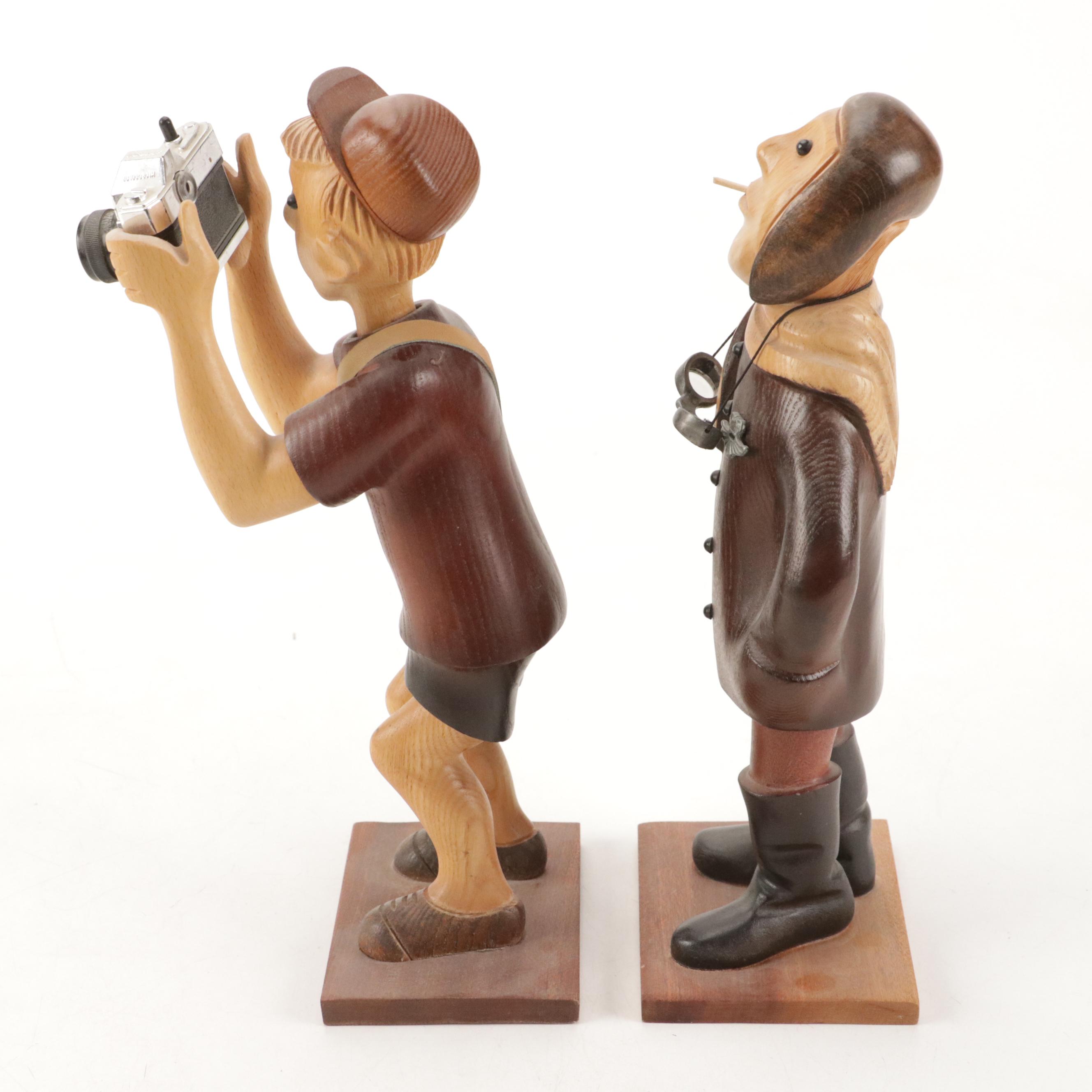 Italian Romer Style Folk Art Carved Wooden Aviator and Photographer Figurines