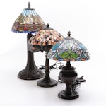 Slag Glass and Cast Metal Dragonfly Theme Accent Lamps, Contemporary