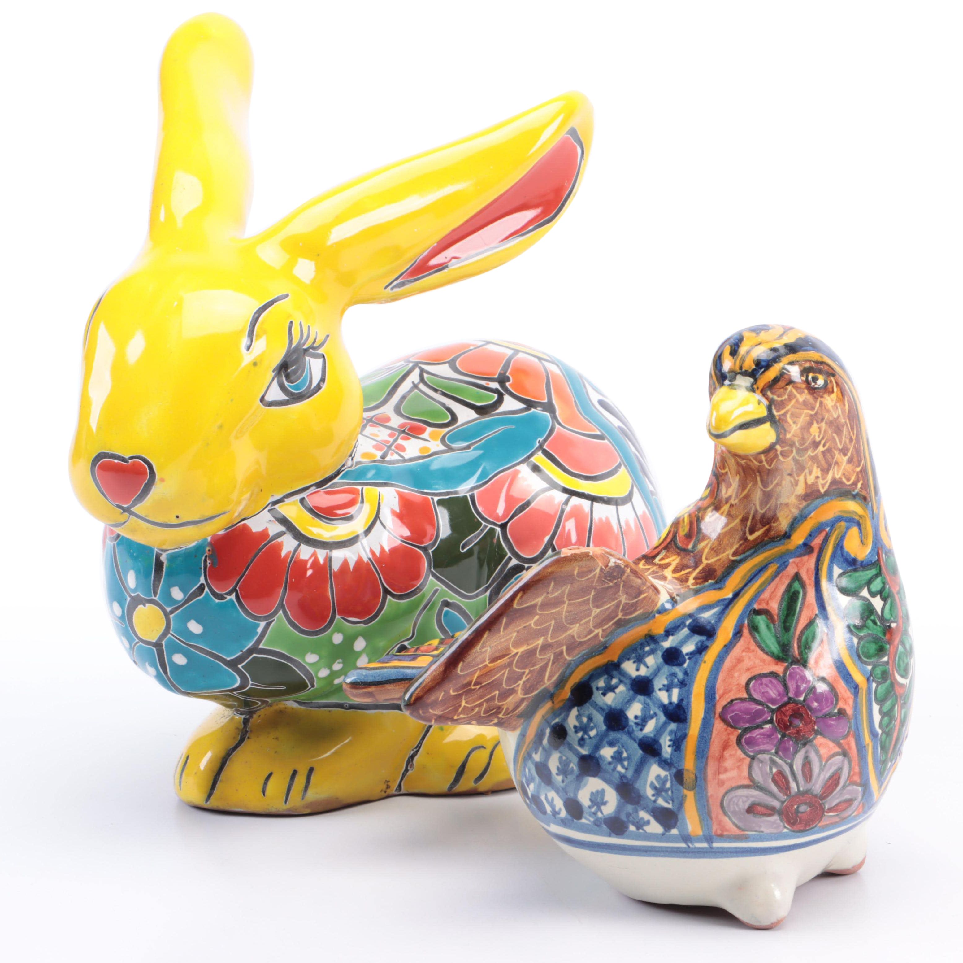 Talavera Style Hand-Painted Ceramic Bird Planter and Ceramic Rabbit Figurine