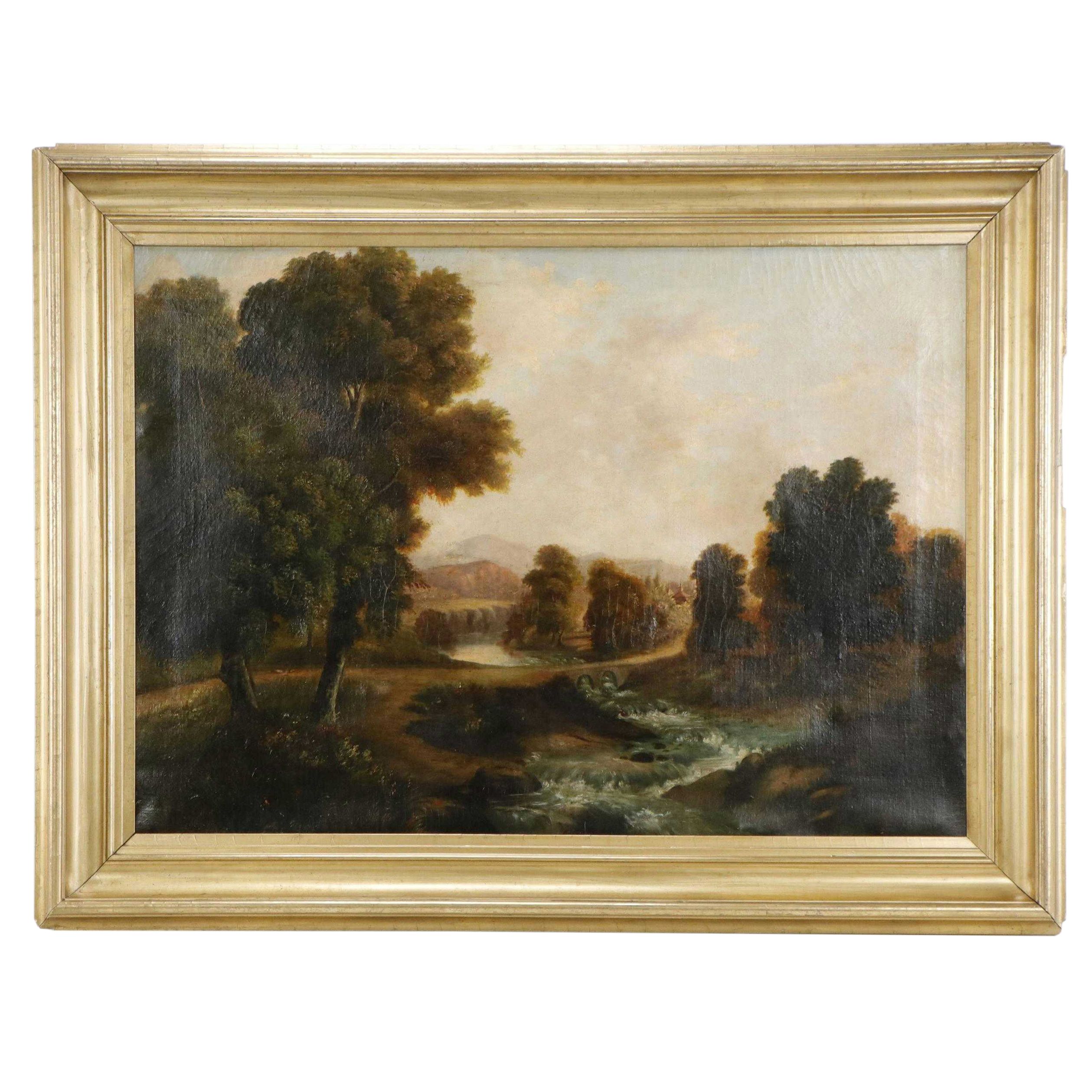 Hudson River School Oil Painting of Landscape with Stream and Bridge