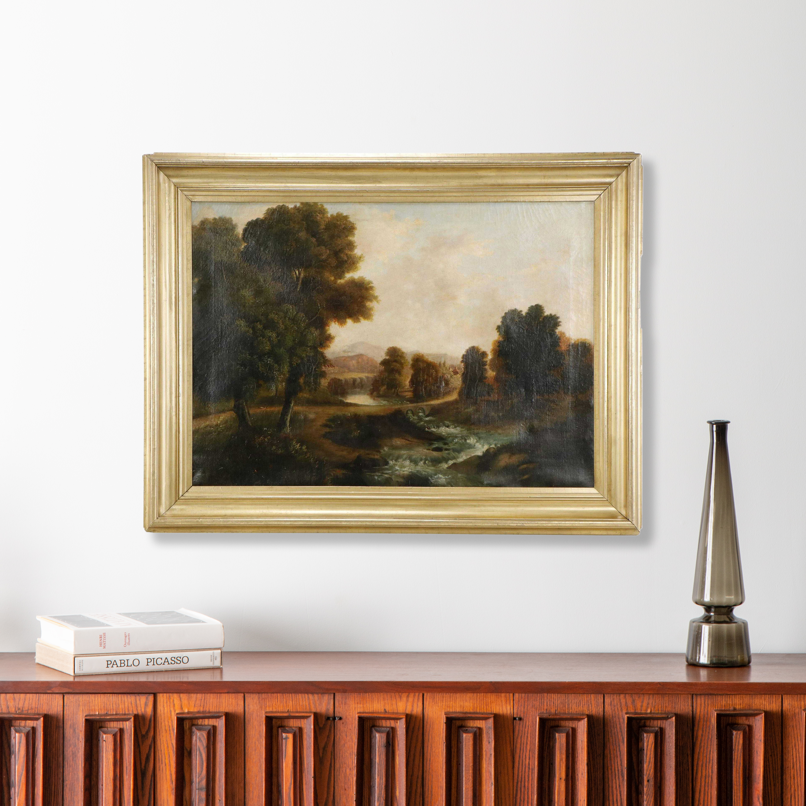 Hudson River School Oil Painting of Landscape with Stream and Bridge