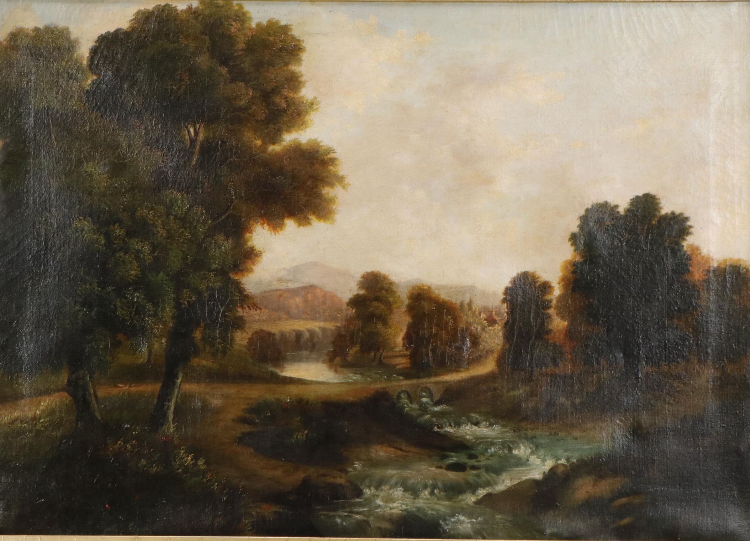 Hudson River School Oil Painting of Landscape with Stream and Bridge