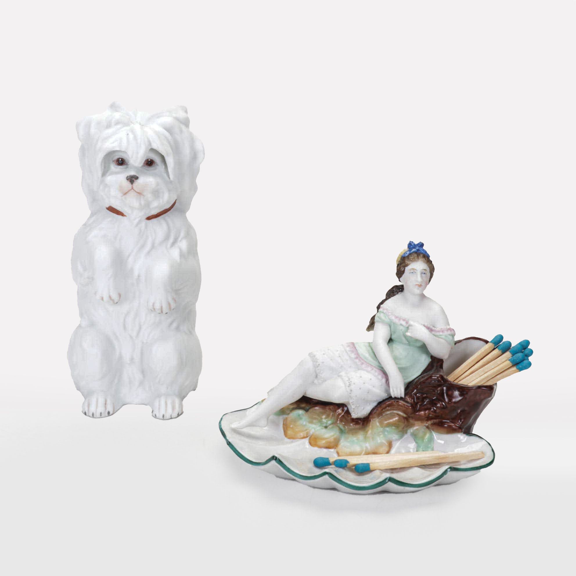 German Figural Porcelain Match Striker and Gebruder Heubach Dog Figurine