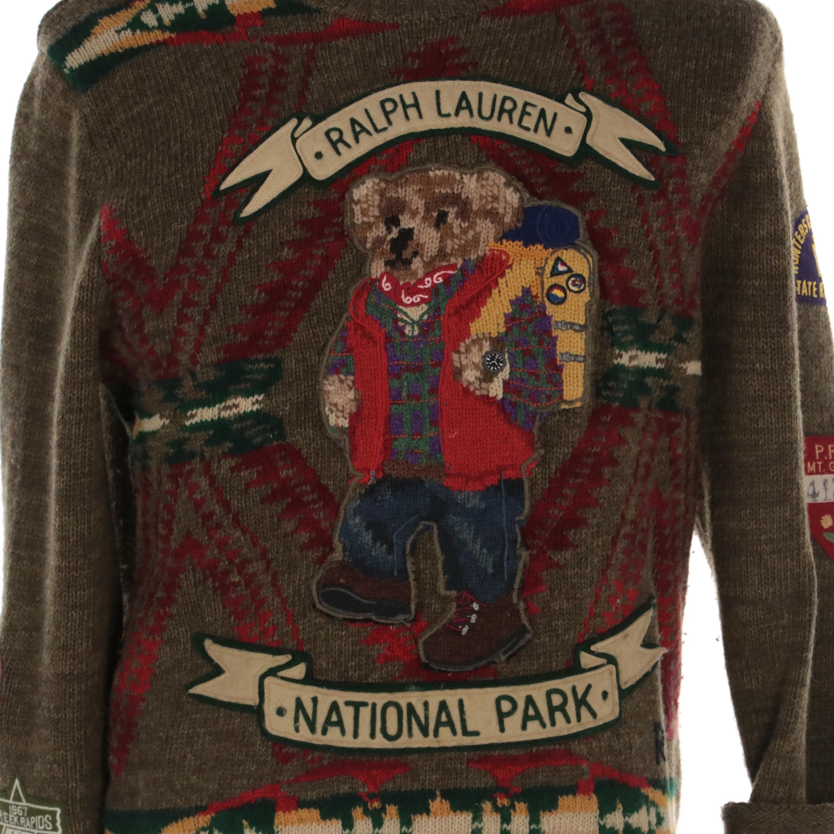 Men's Polo Ralph Lauren National Park Hiking Bear Patch Sweater in Wool Blend
