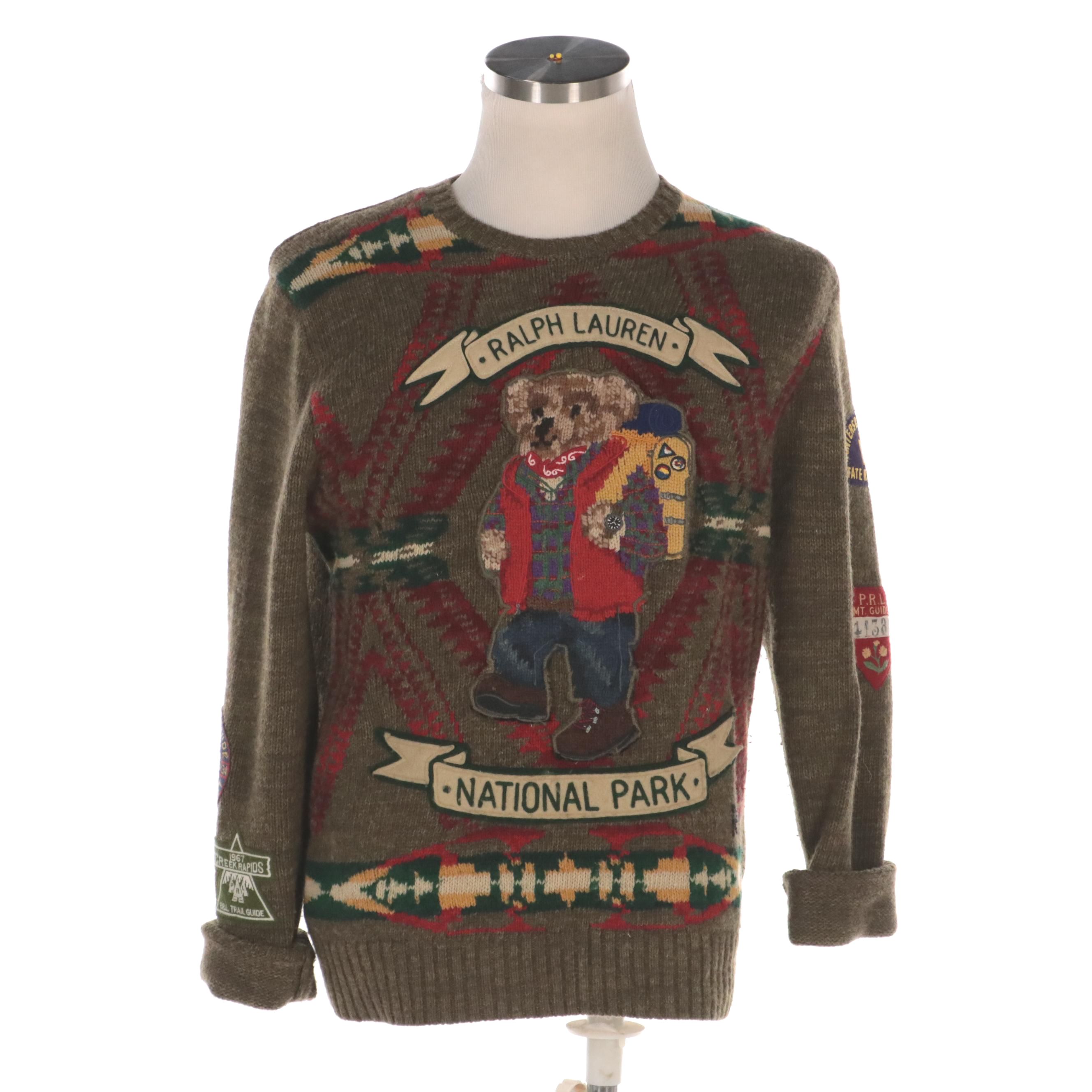 Men's Polo Ralph Lauren National Park Hiking Bear Patch Sweater in Wool Blend