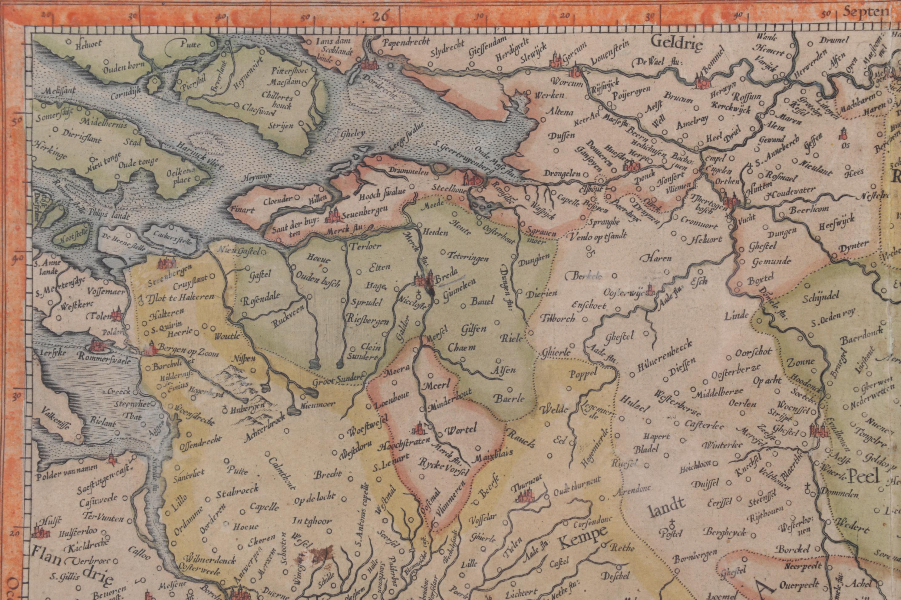 Hand-Colored Engraving of the Netherlands, Circa 1613