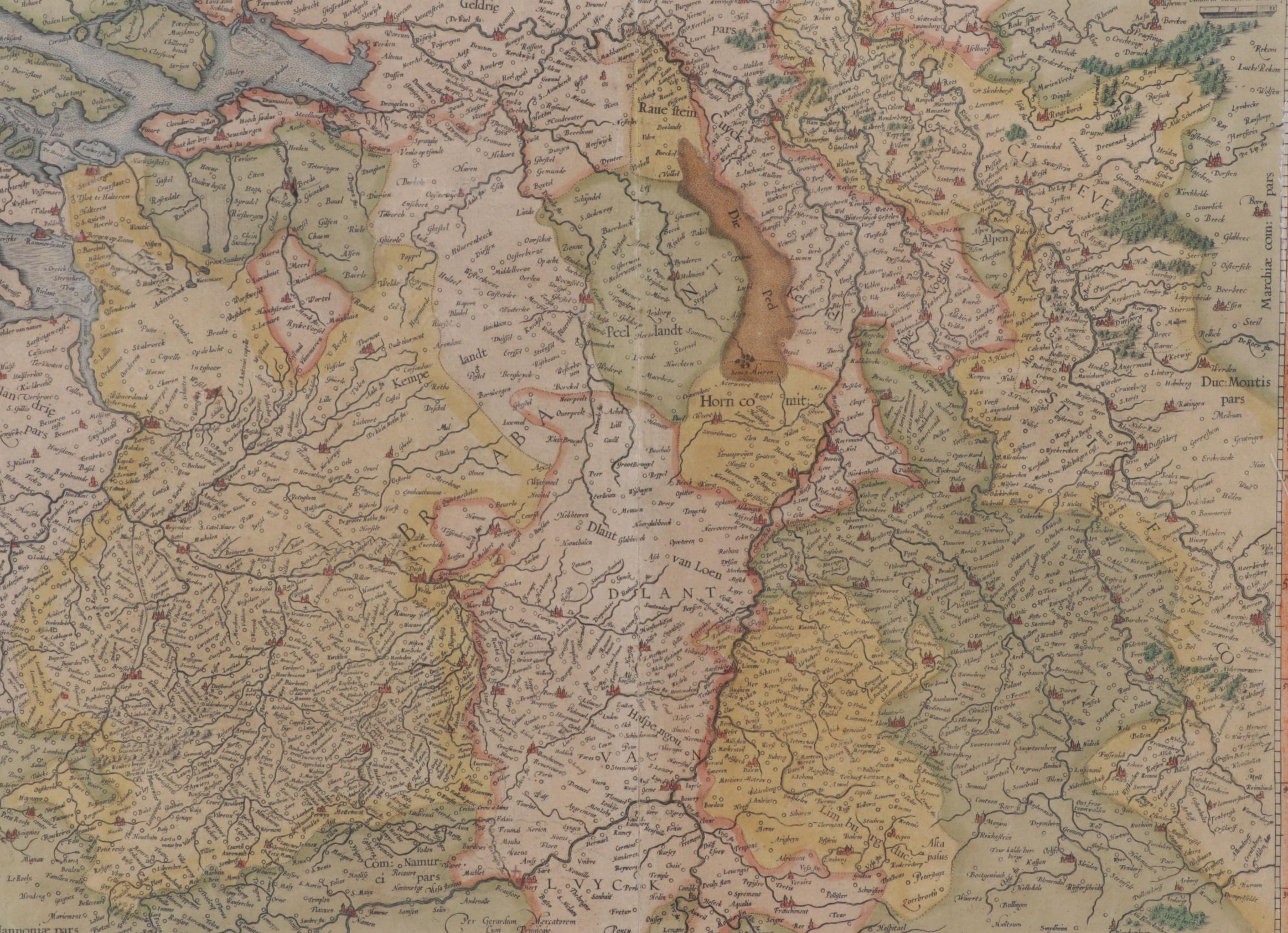 Hand-Colored Engraving of the Netherlands, Circa 1613