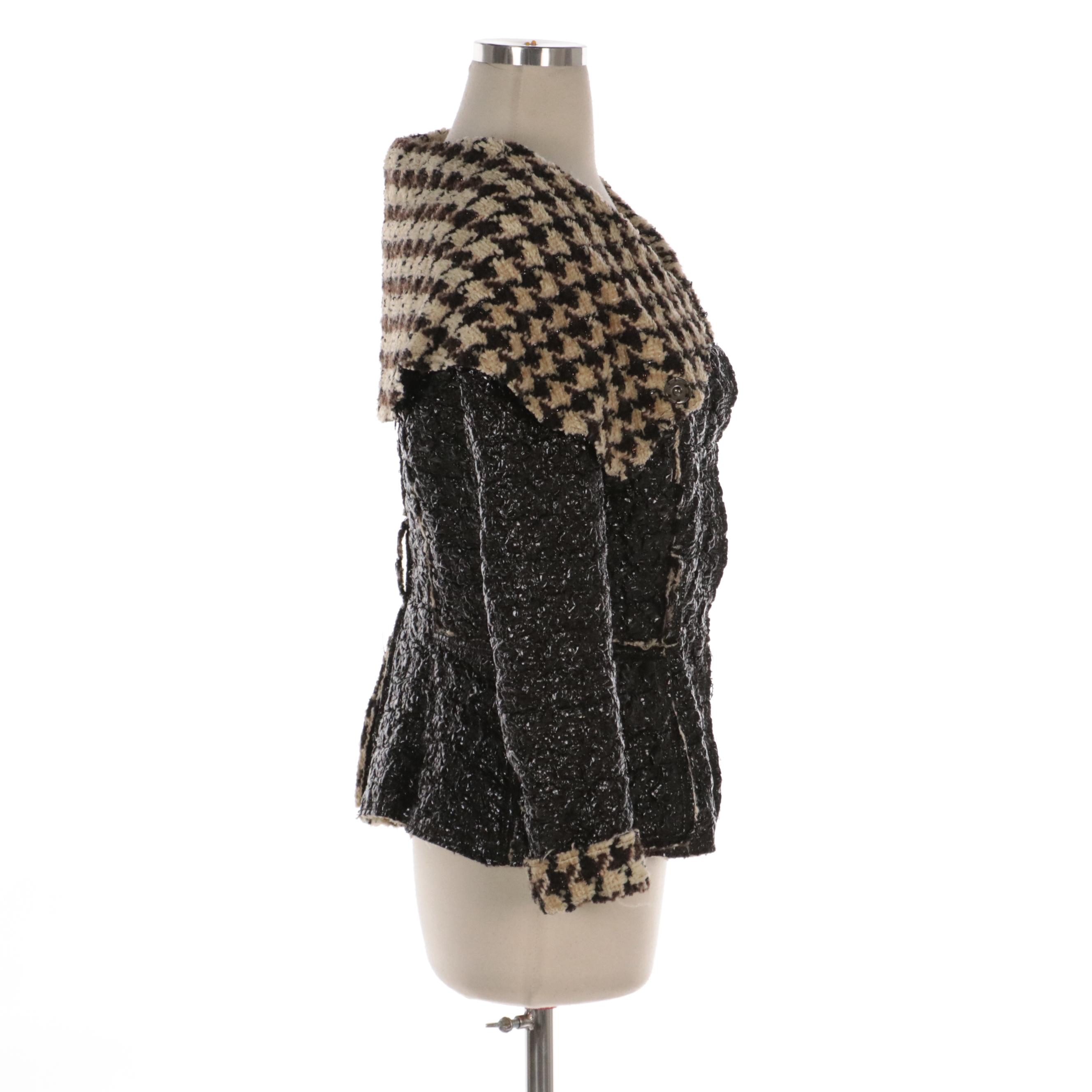 Oscar de la Renta Coated Houndstooth Chenille Spread Collar Jacket