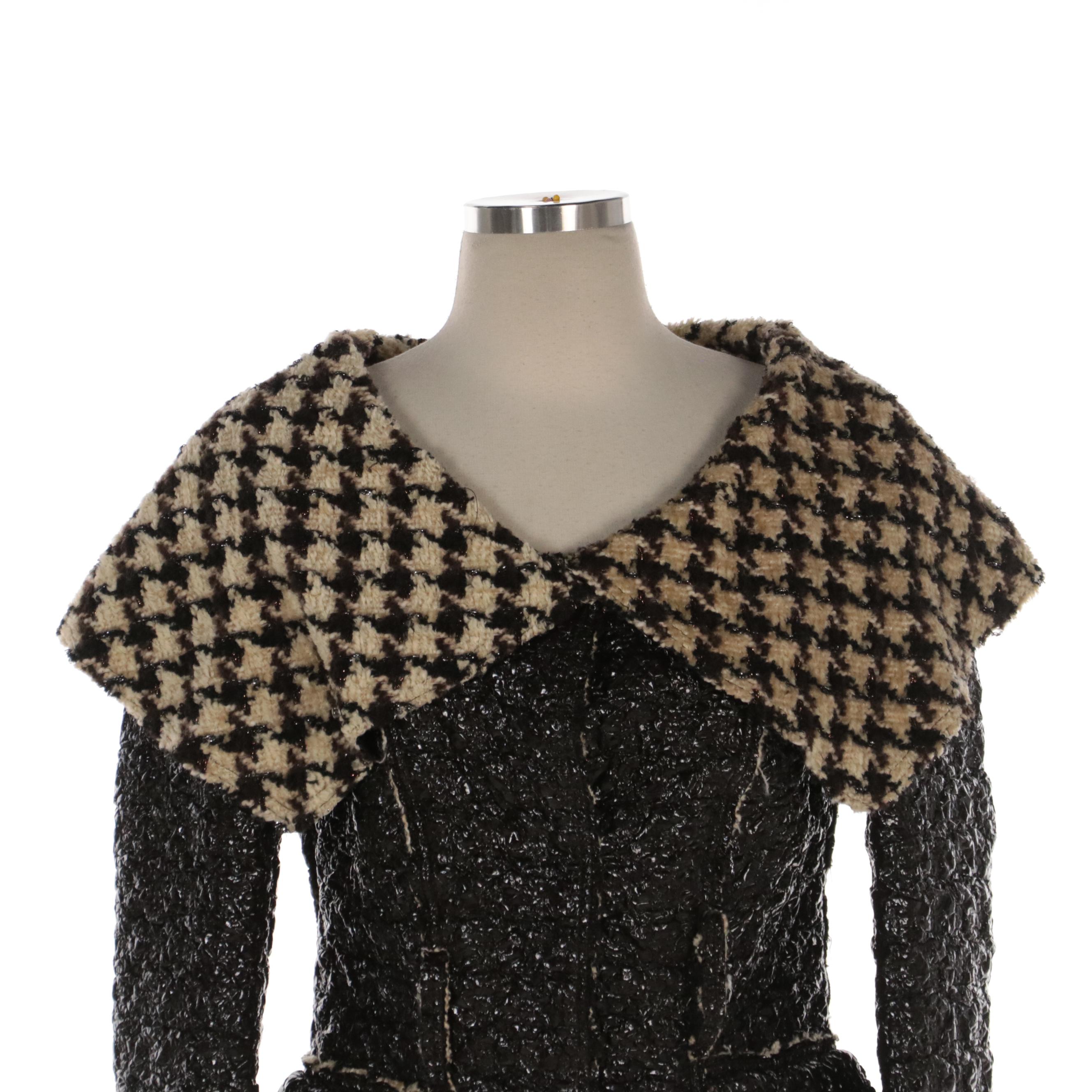 Oscar de la Renta Coated Houndstooth Chenille Spread Collar Jacket