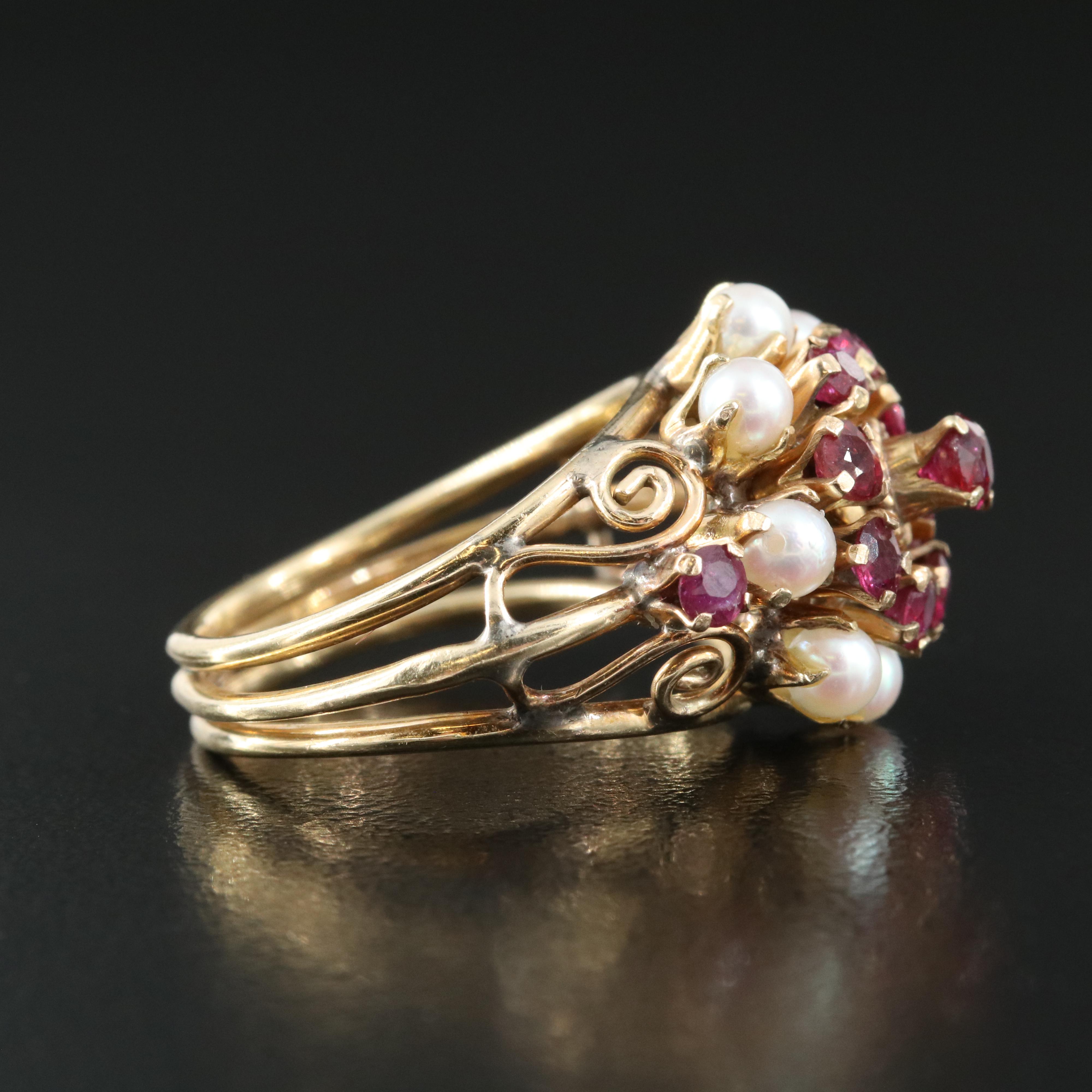 Vintage 14K Ruby and Seed Pearl Tiered Ring