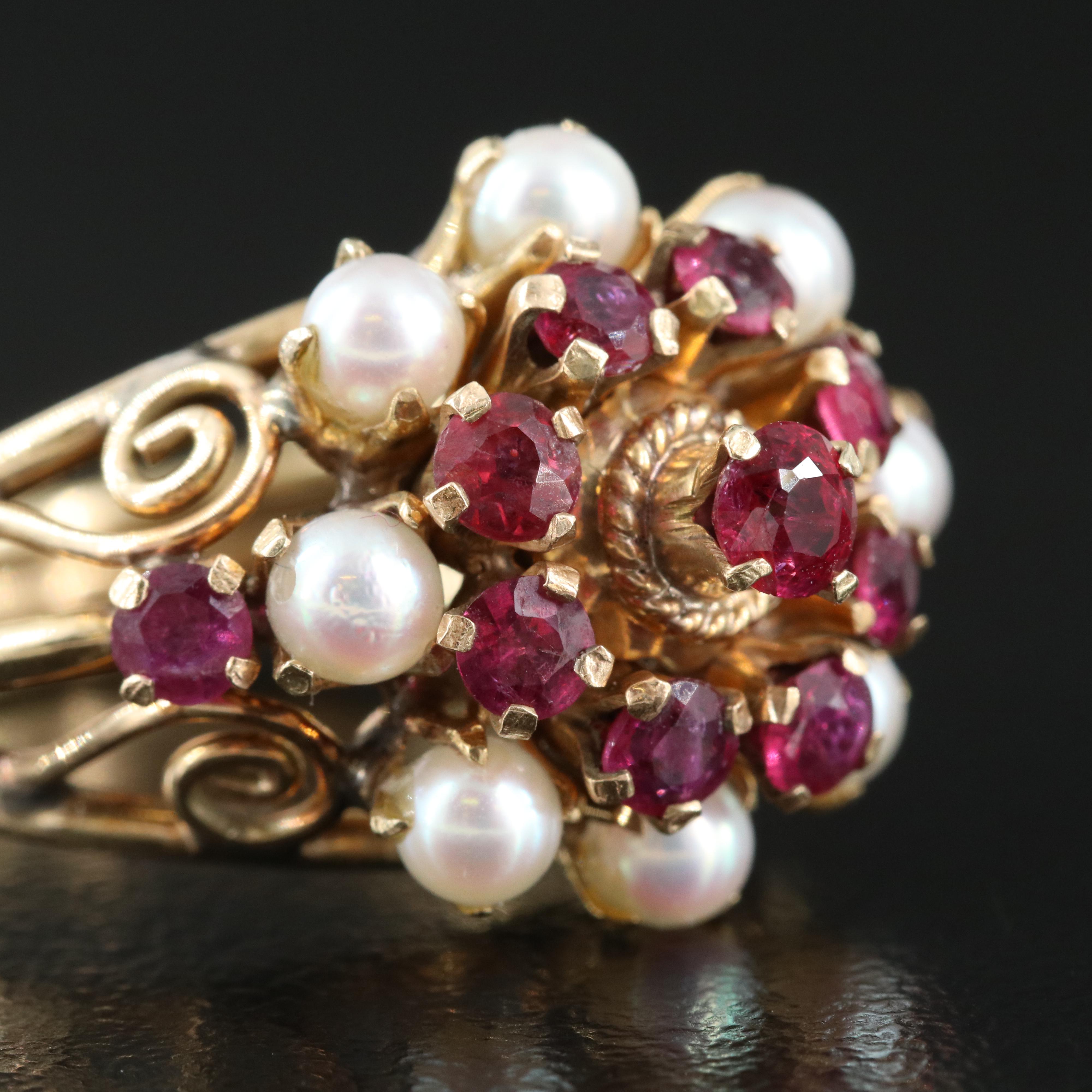Vintage 14K Ruby and Seed Pearl Tiered Ring