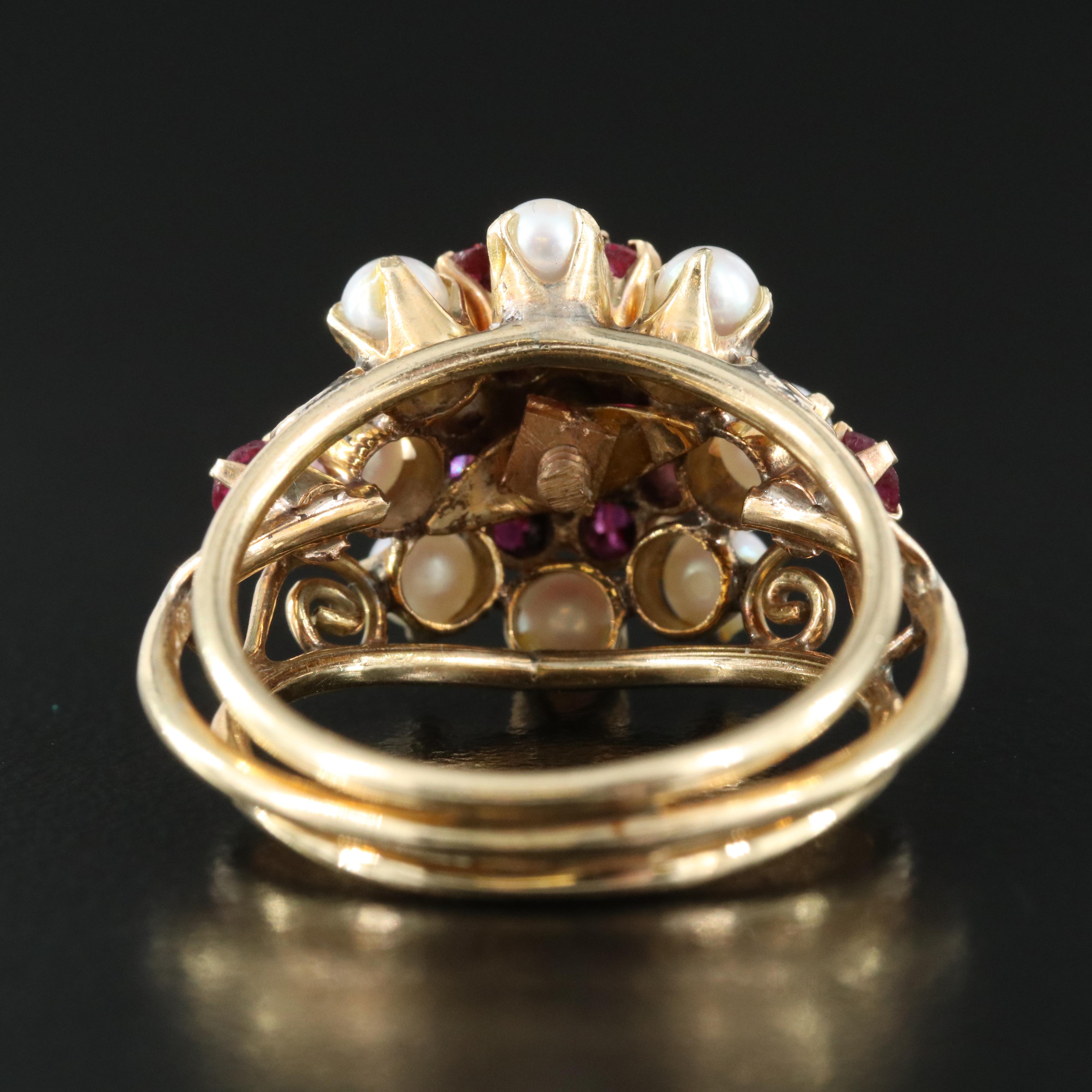 Vintage 14K Ruby and Seed Pearl Tiered Ring