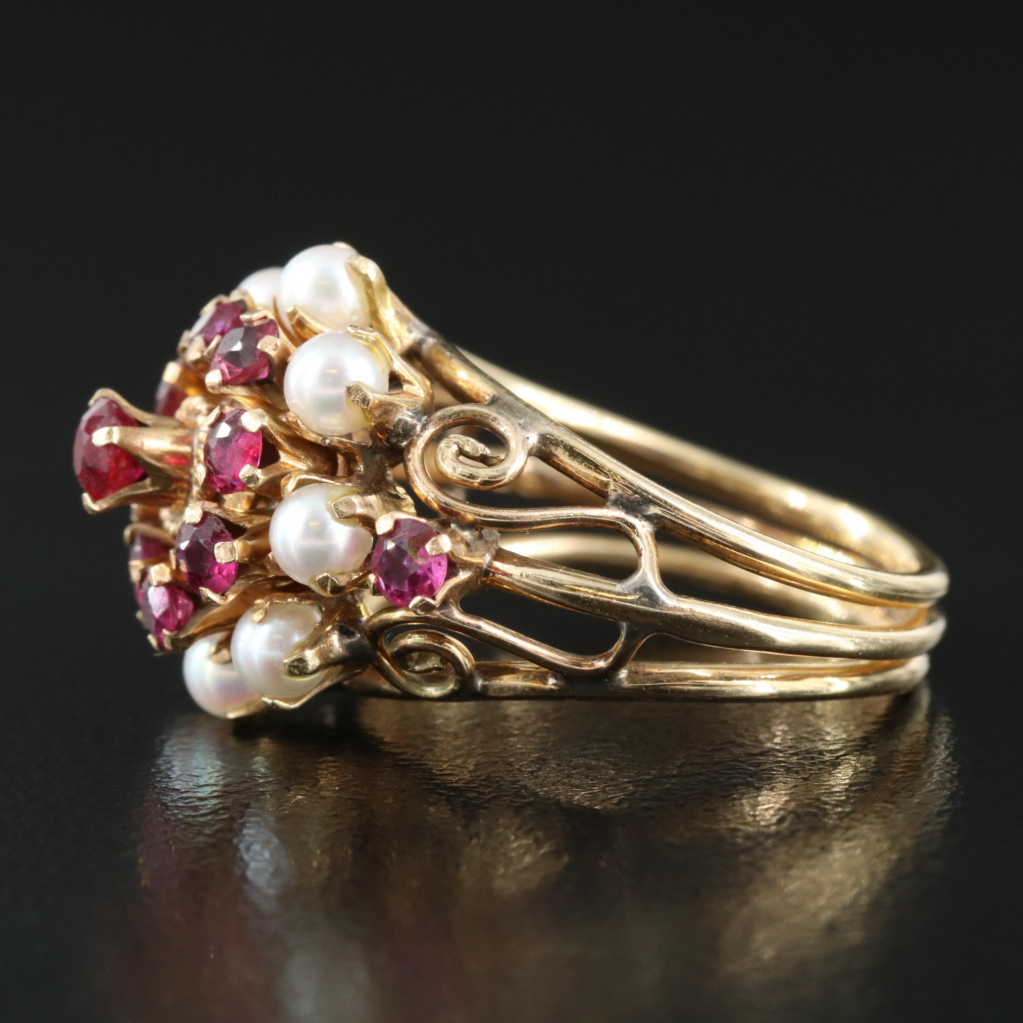 Vintage 14K Ruby and Seed Pearl Tiered Ring