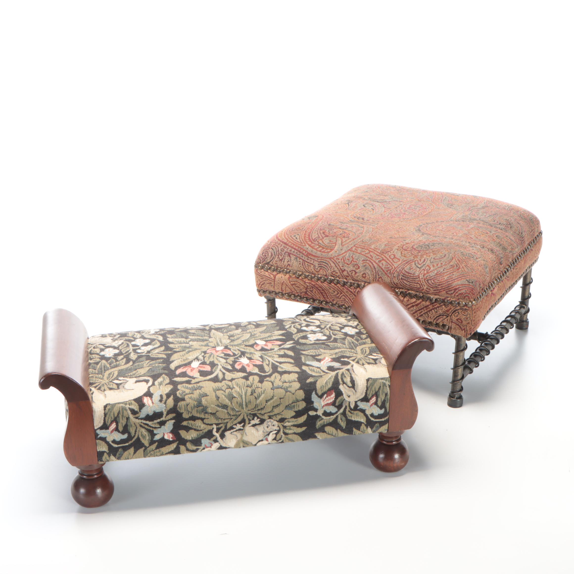 Tapestry-Upholstered Mahogany Footstool with Wire-Wrapped Metal Foostool