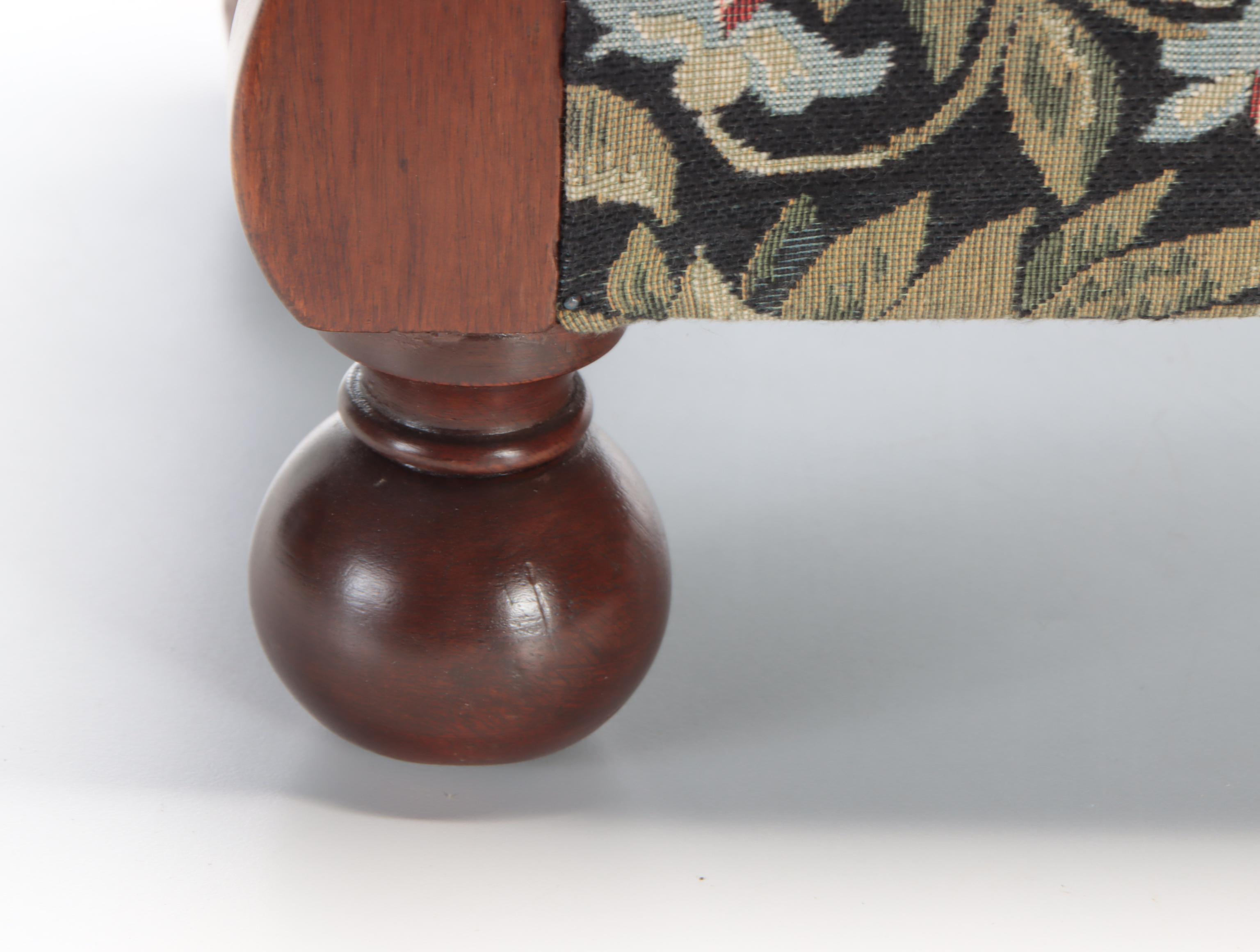 Tapestry-Upholstered Mahogany Footstool with Wire-Wrapped Metal Foostool