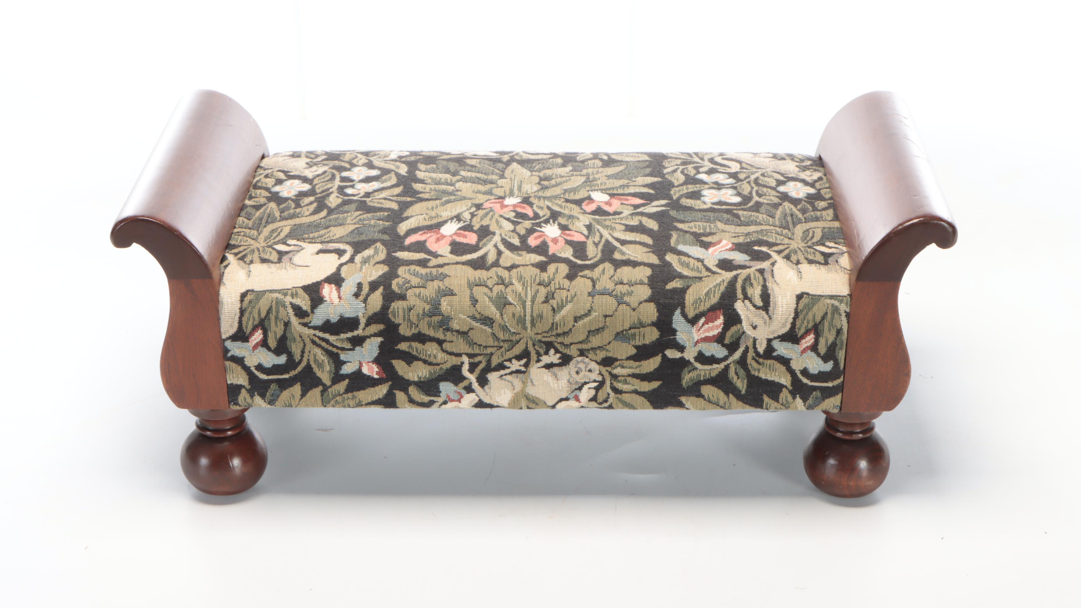 Tapestry-Upholstered Mahogany Footstool with Wire-Wrapped Metal Foostool