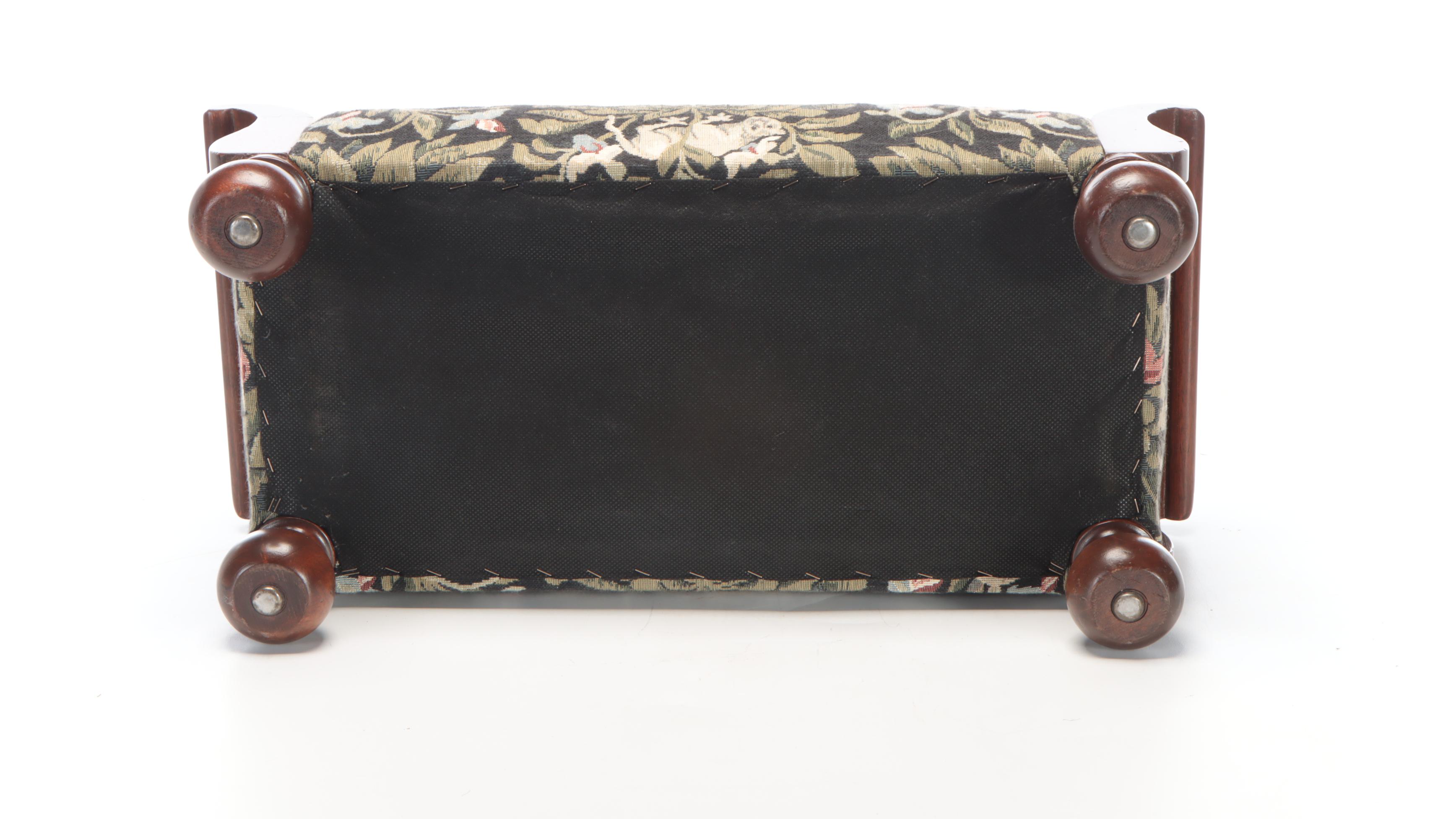 Tapestry-Upholstered Mahogany Footstool with Wire-Wrapped Metal Foostool