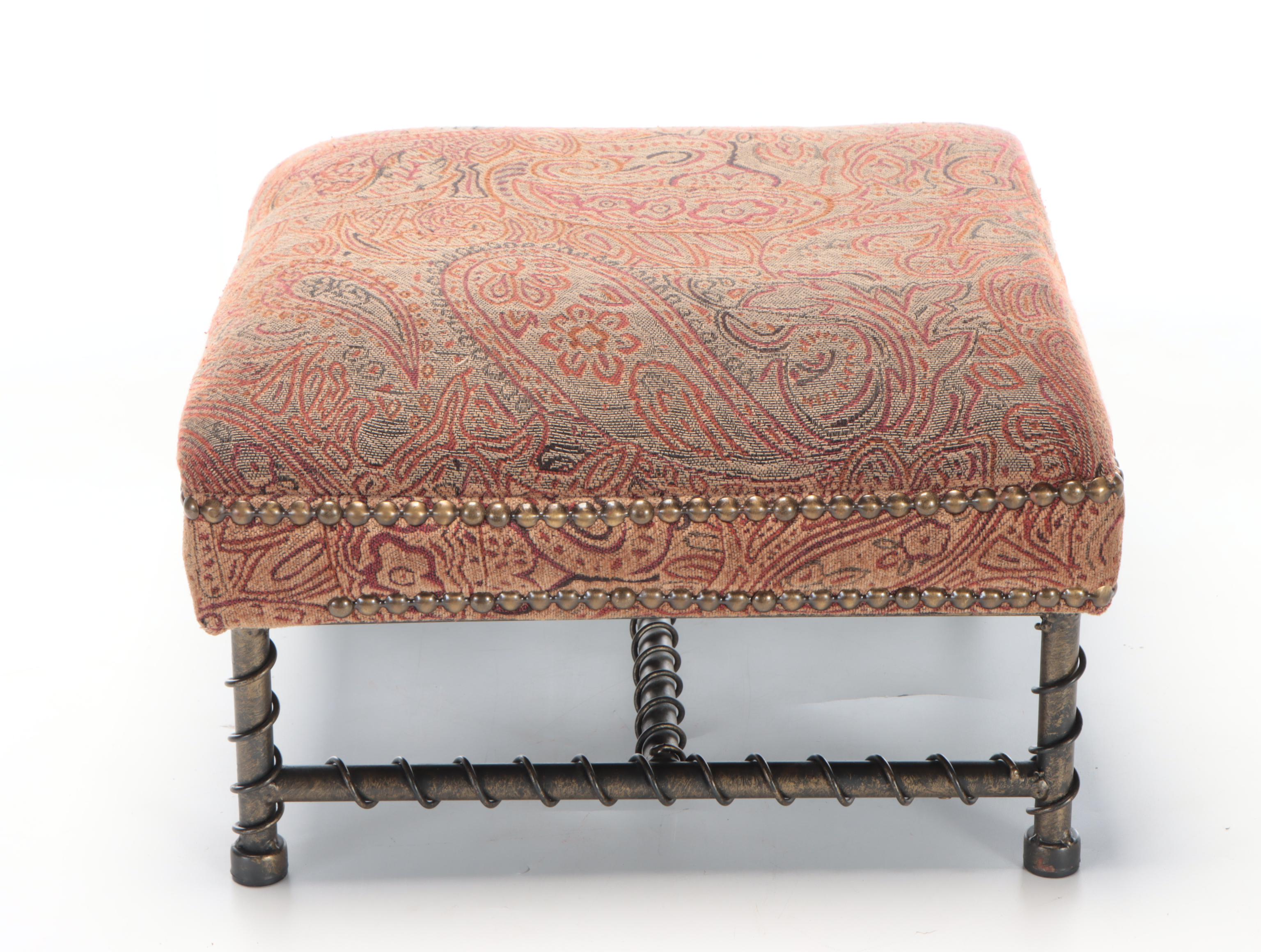 Tapestry-Upholstered Mahogany Footstool with Wire-Wrapped Metal Foostool