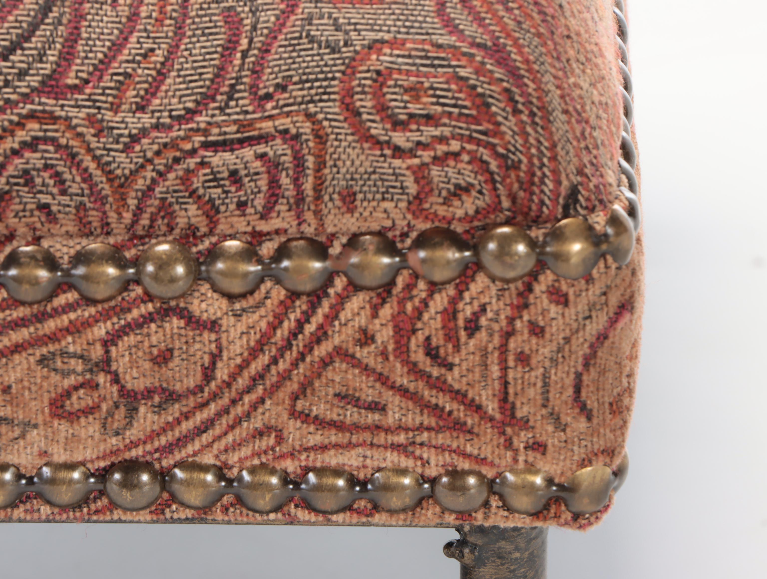 Tapestry-Upholstered Mahogany Footstool with Wire-Wrapped Metal Foostool