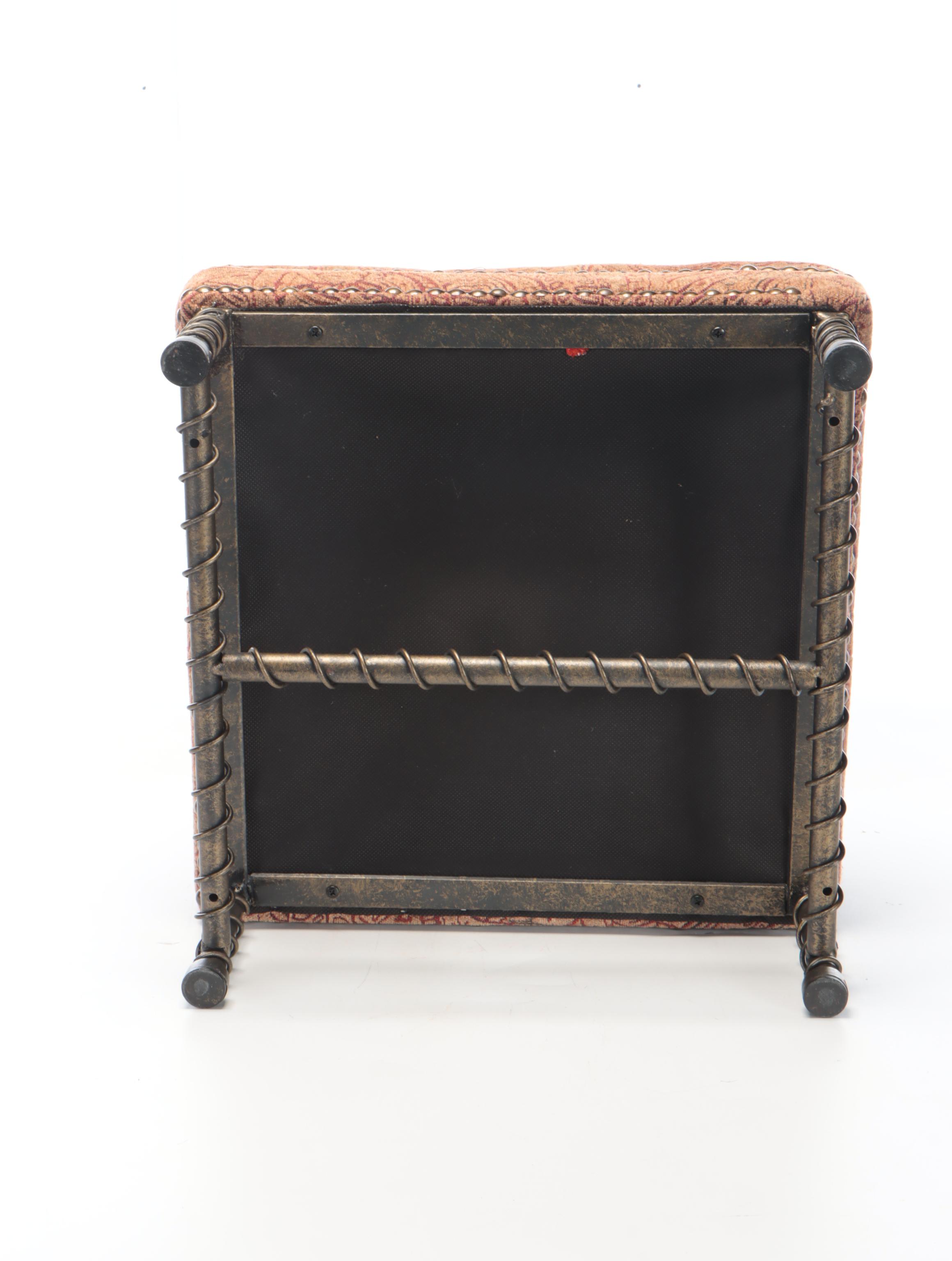 Tapestry-Upholstered Mahogany Footstool with Wire-Wrapped Metal Foostool