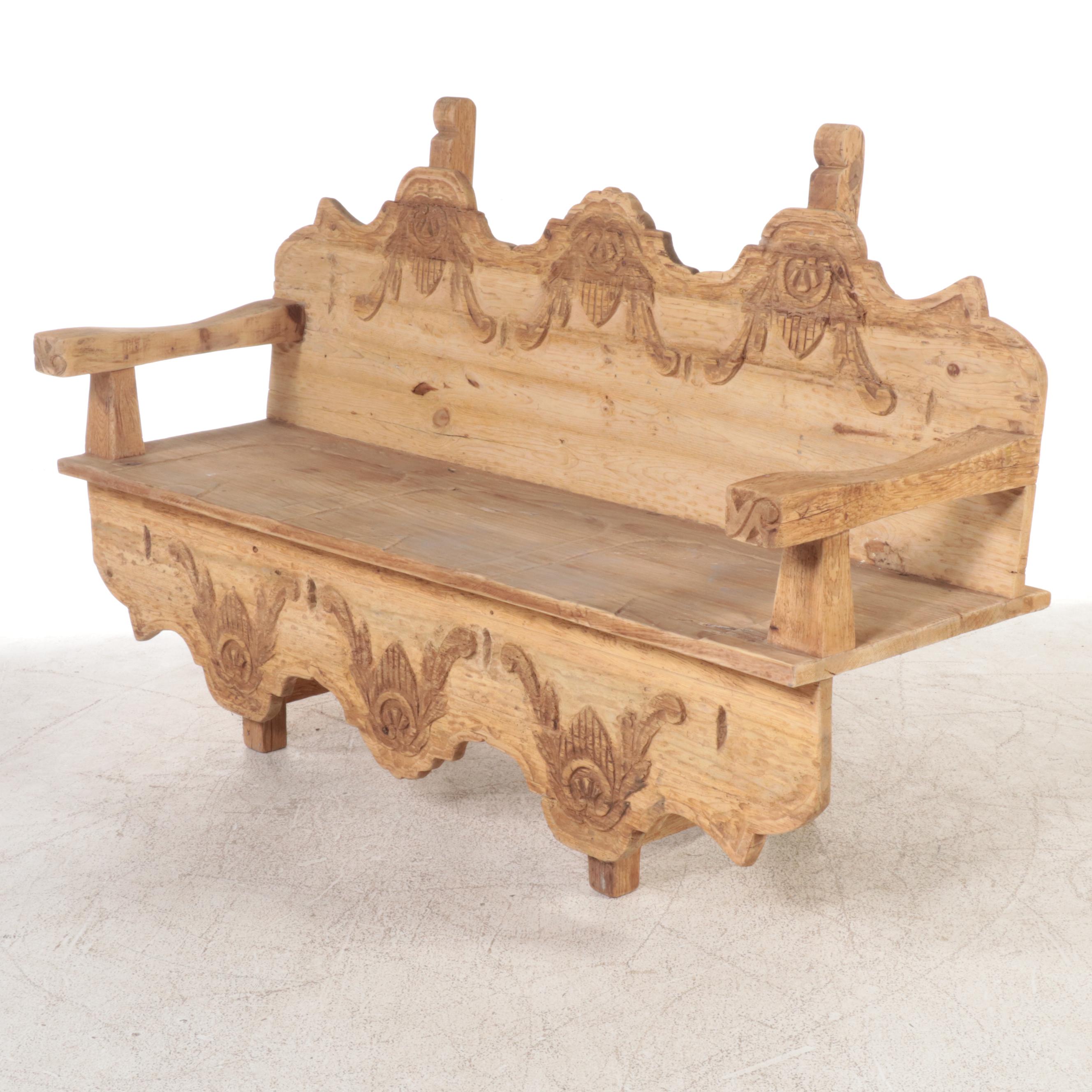 Austrian Style Carved Scrubbed Pine Bench