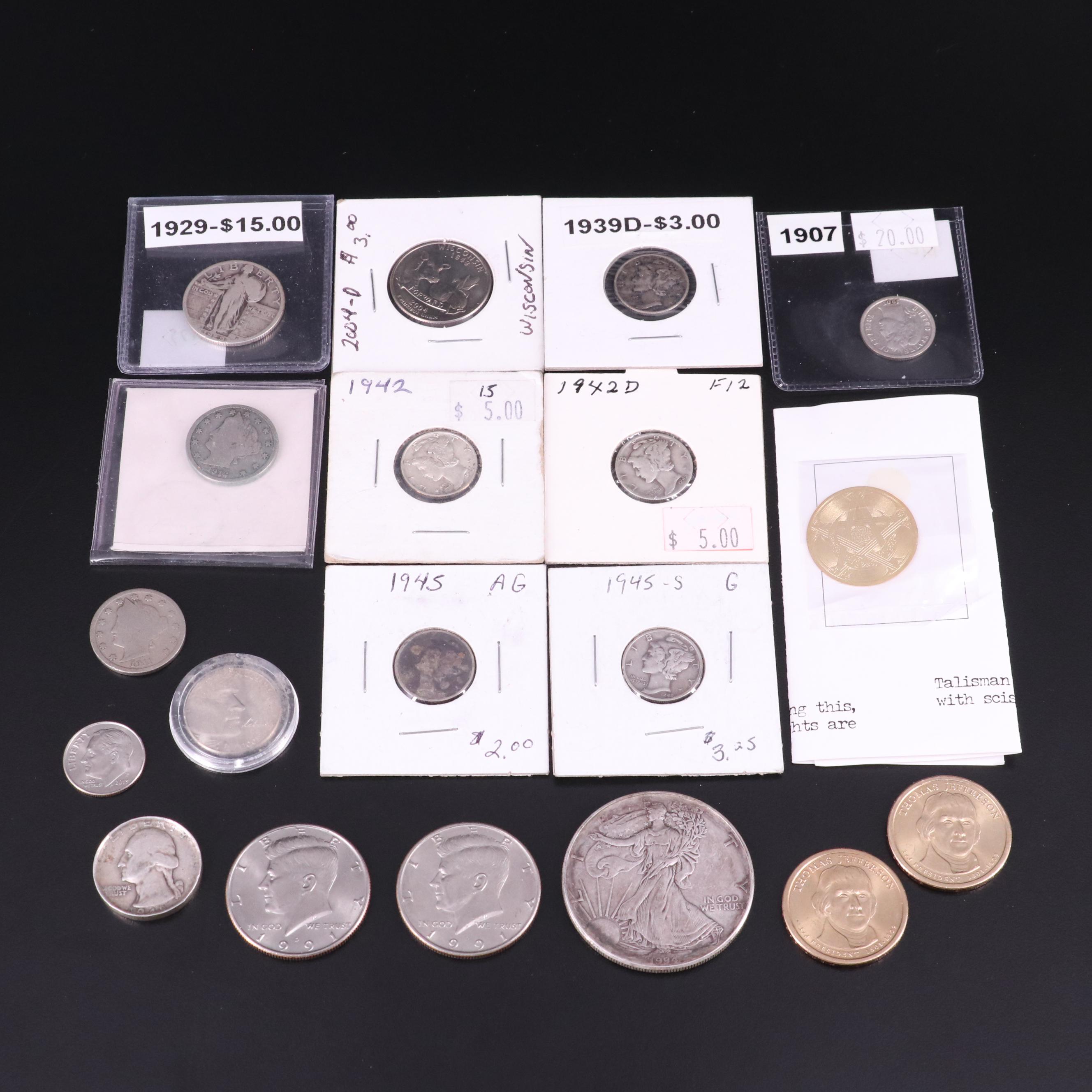 Collection of Eighteen United States Coins and a Token