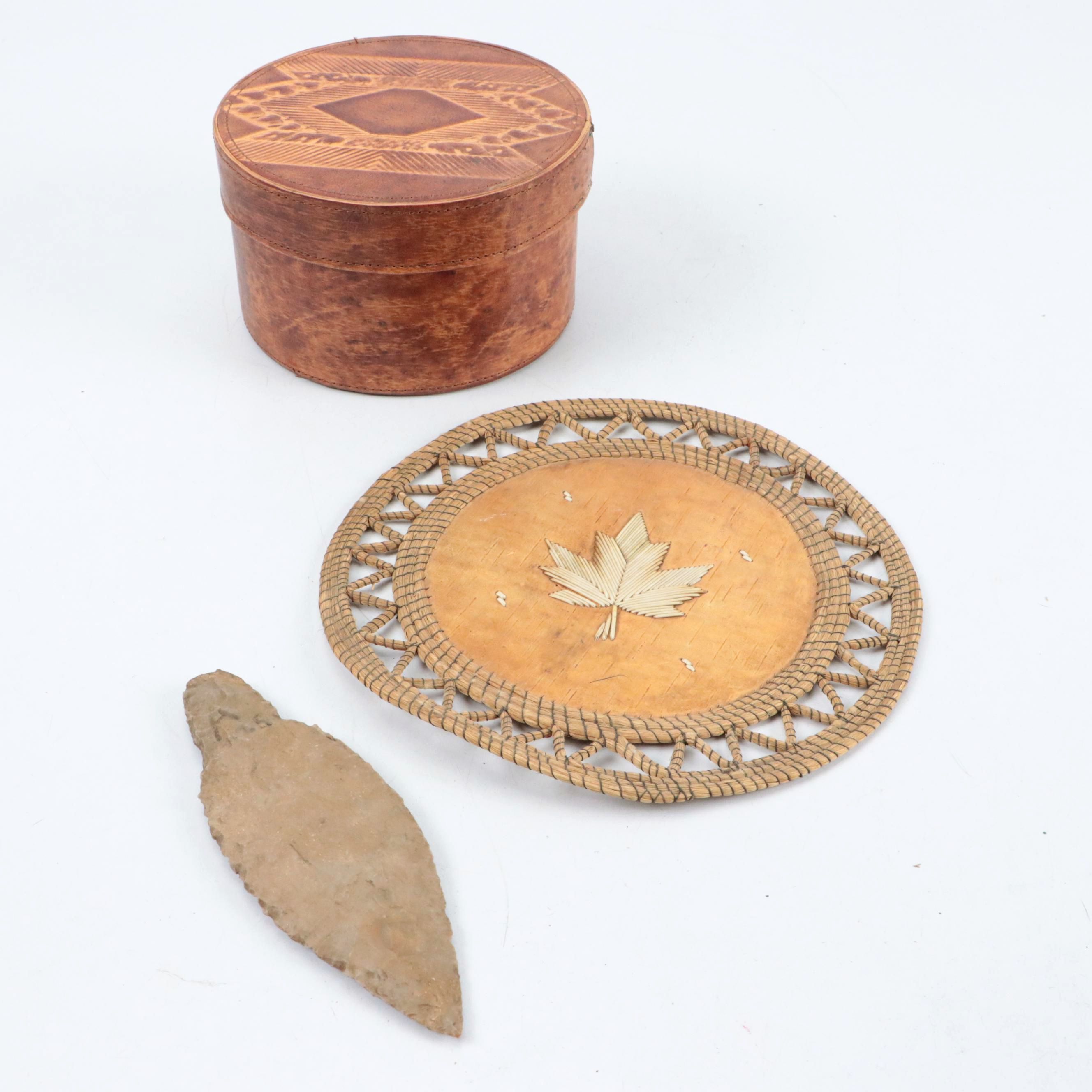 Southwest Embossed Leather Box with Native American Style Trivet and Arrowhead