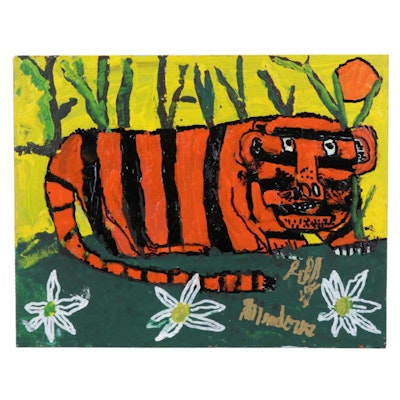 Jeff Meadows Outsider Art Acrylic Painting of a Tiger, 21st Century