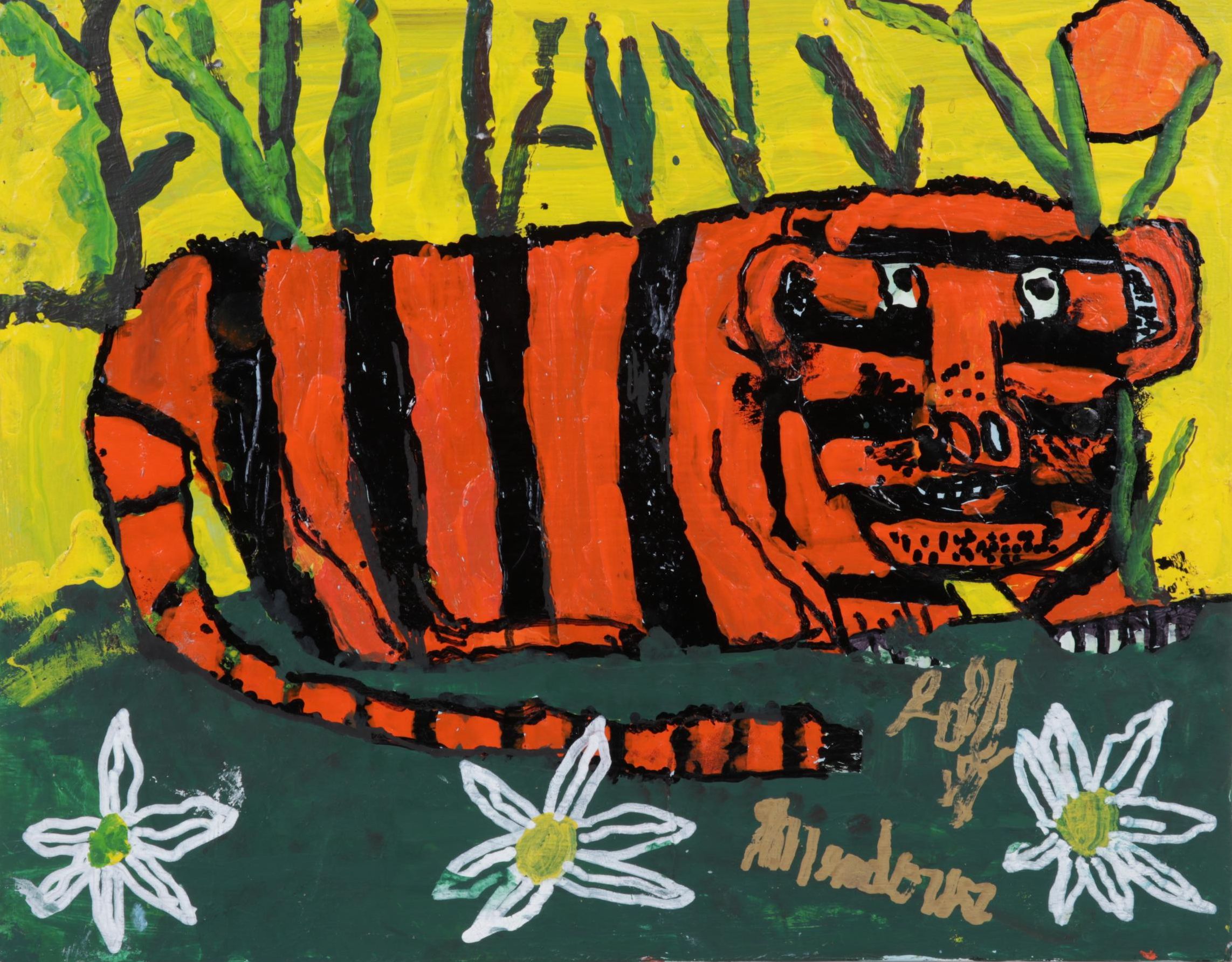 Jeff Meadows Outsider Art Acrylic Painting of a Tiger, 21st Century