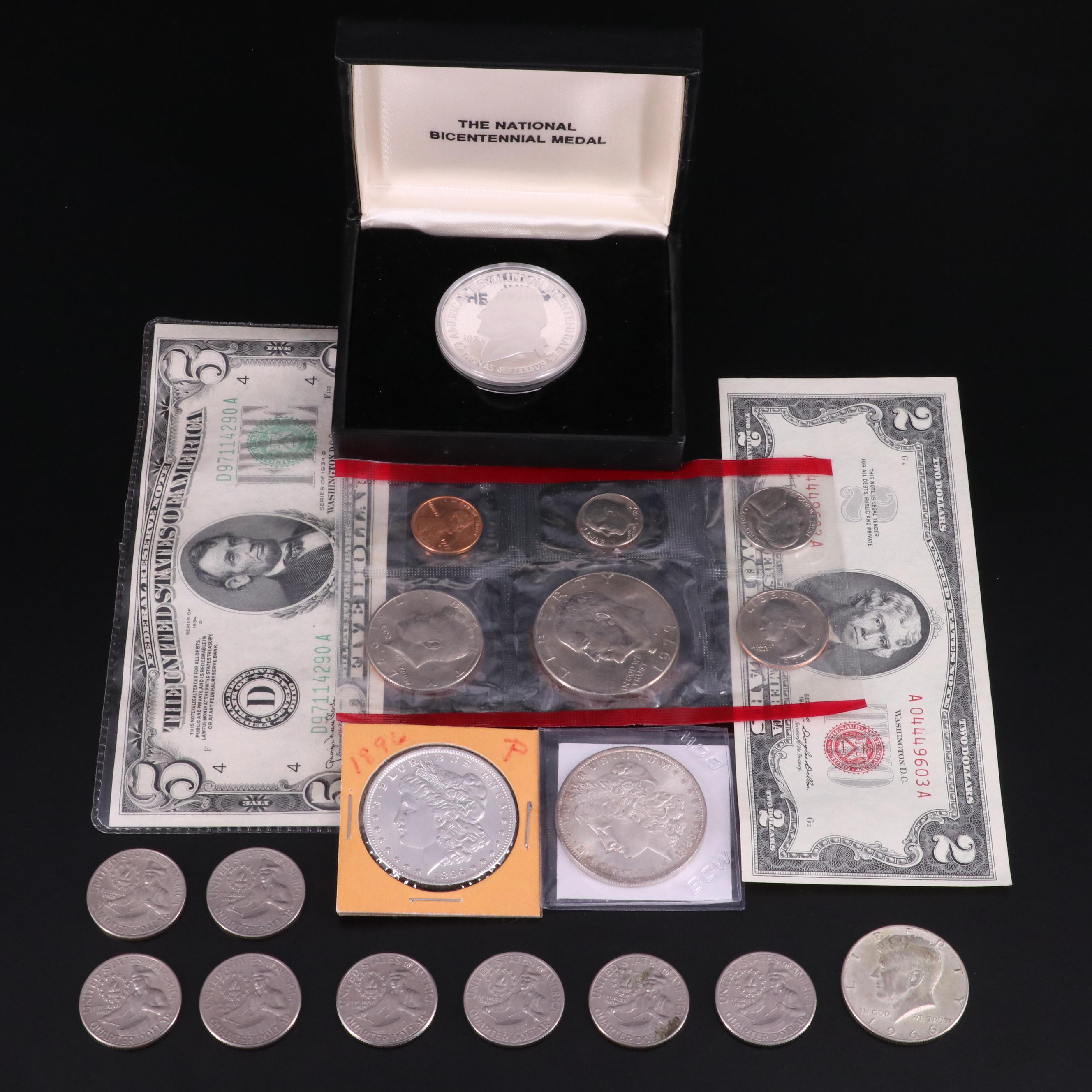 Collection of United States Coins, Currency, and a Silver Bicentennial Medal