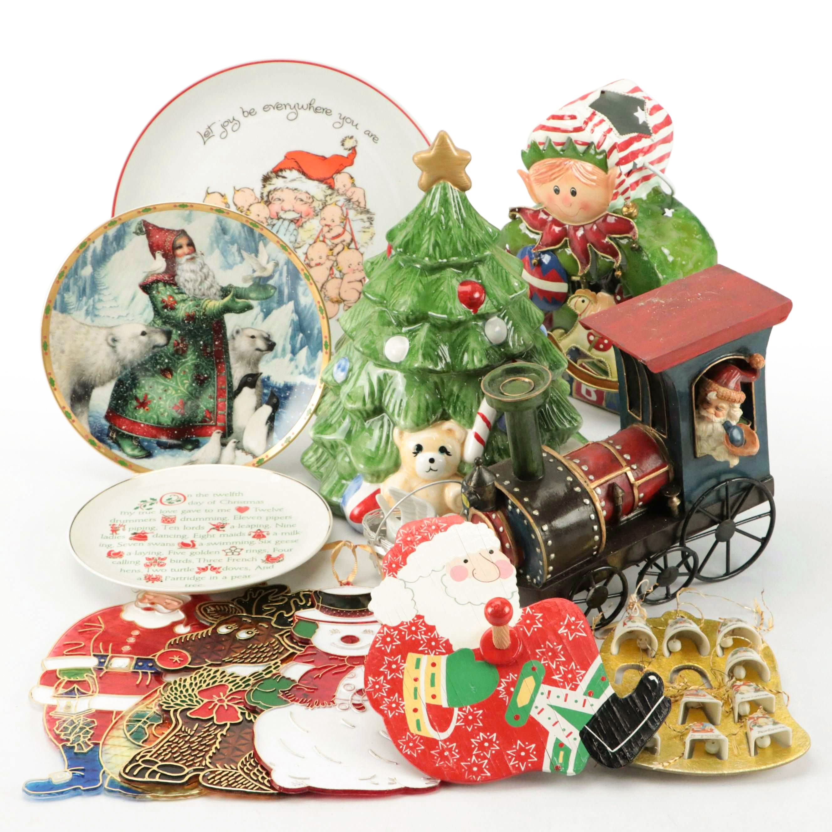 Ceramic Christmas Tree Cookie Jar, Metal Luminary, Plates and Other Décor